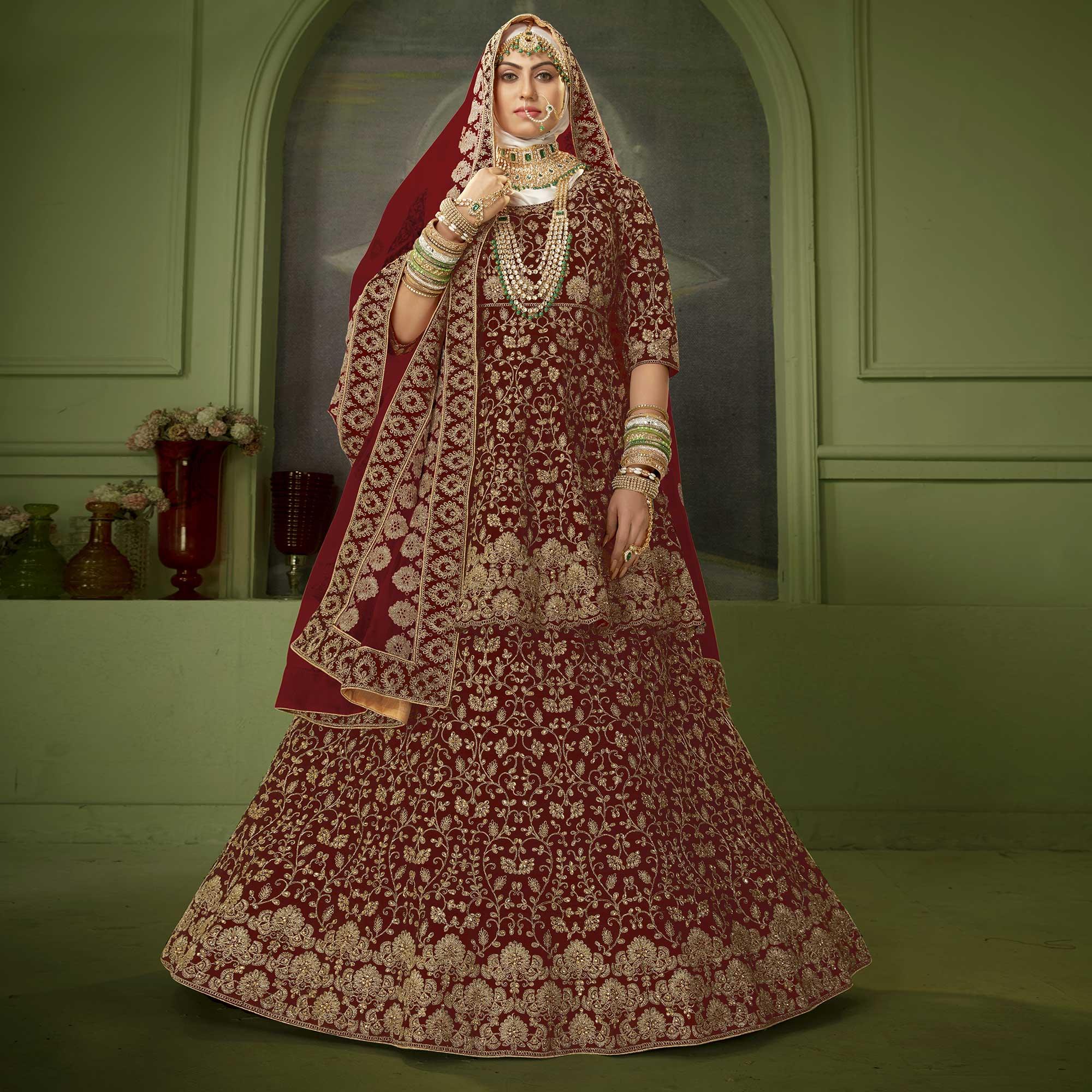 Maroon Wedding Wear Floral Coding Embroidery With Stone Velvet Lehenga Choli - Peachmode