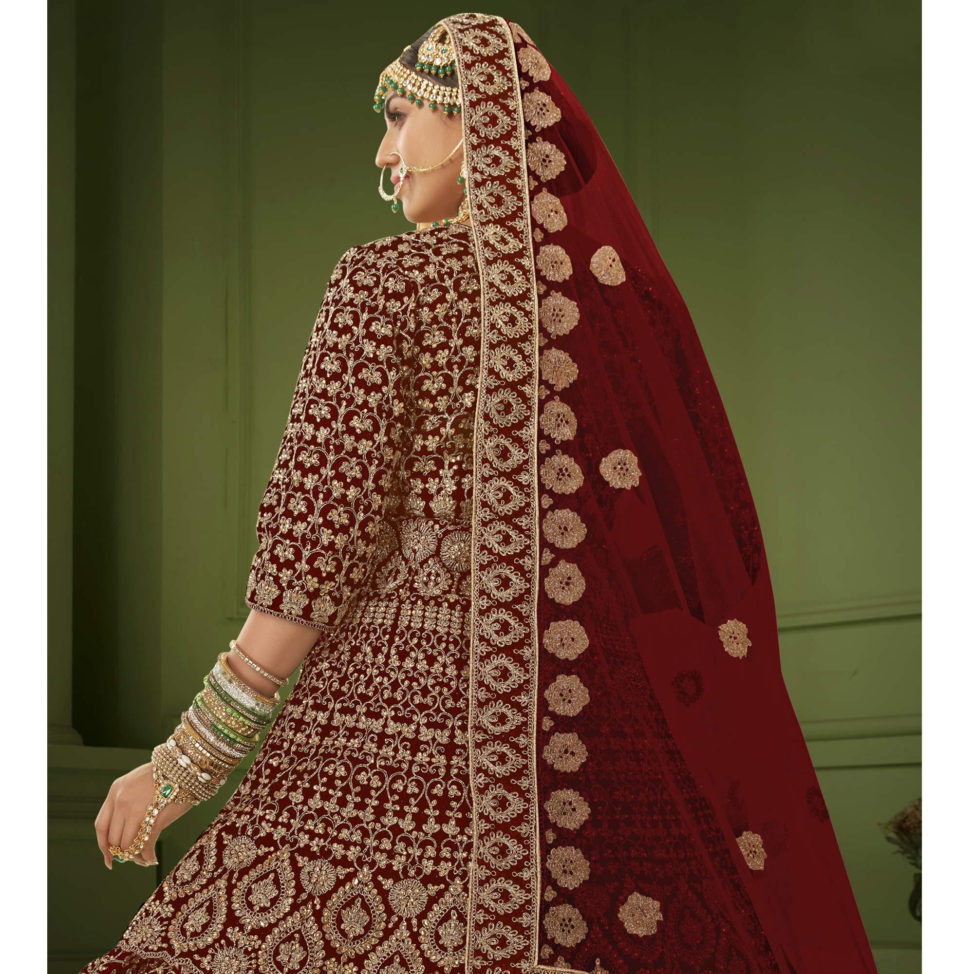 Maroon Wedding Wear Floral Coding Embroidery With Stone Velvet Lehenga Choli - Peachmode