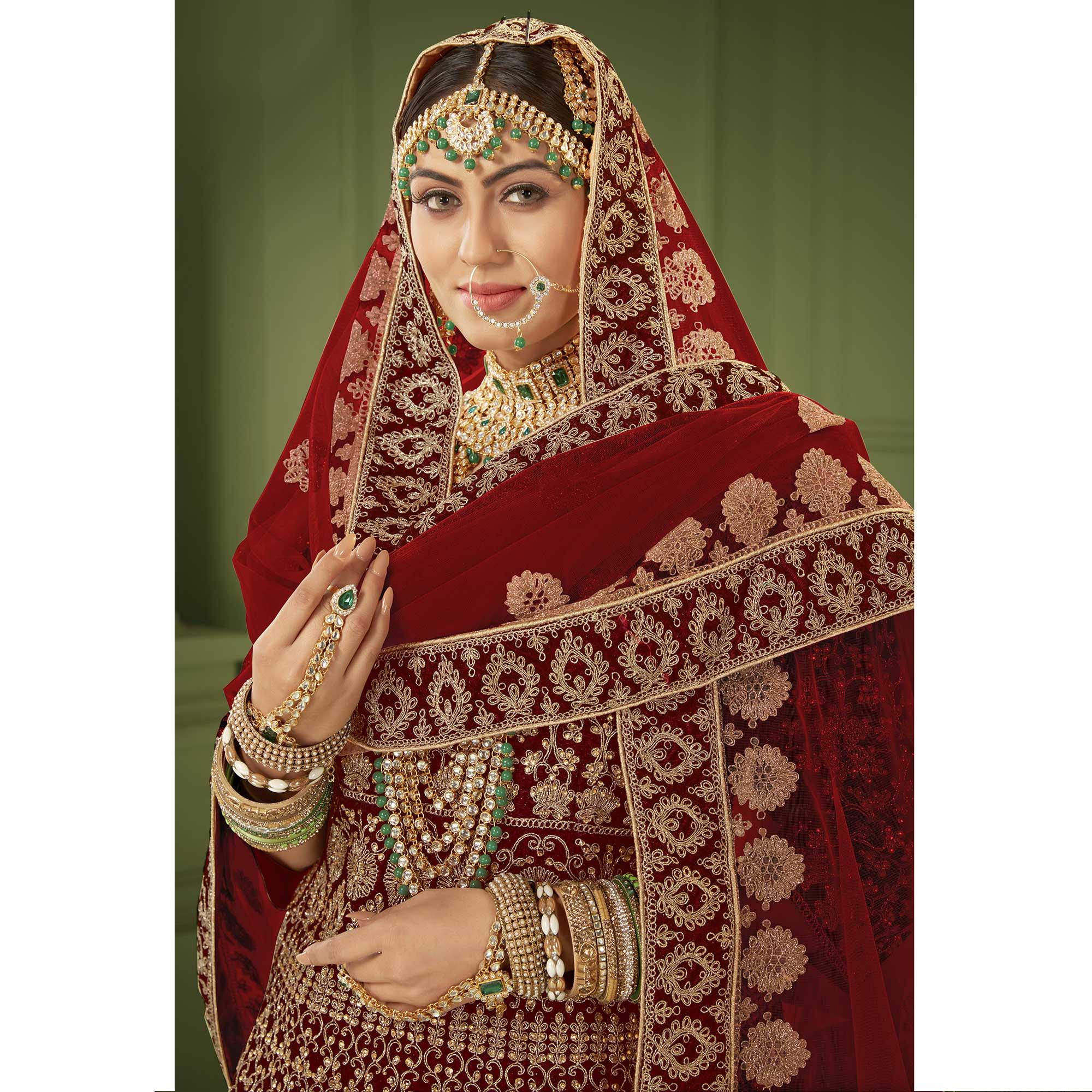 Maroon Wedding Wear Floral Coding Embroidery With Stone Velvet Lehenga Choli - Peachmode