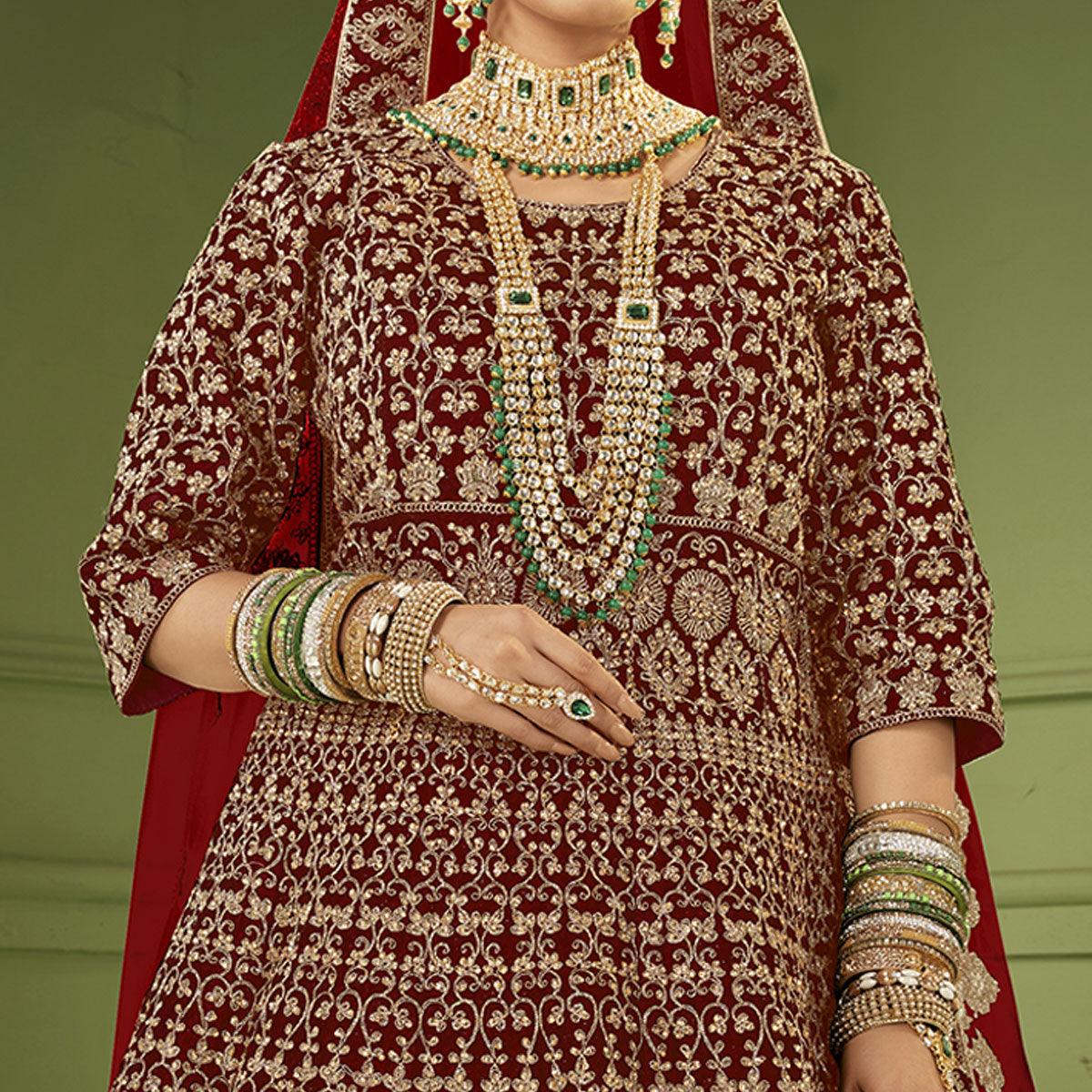 Maroon Wedding Wear Floral Coding Embroidery With Stone Velvet Lehenga Choli - Peachmode