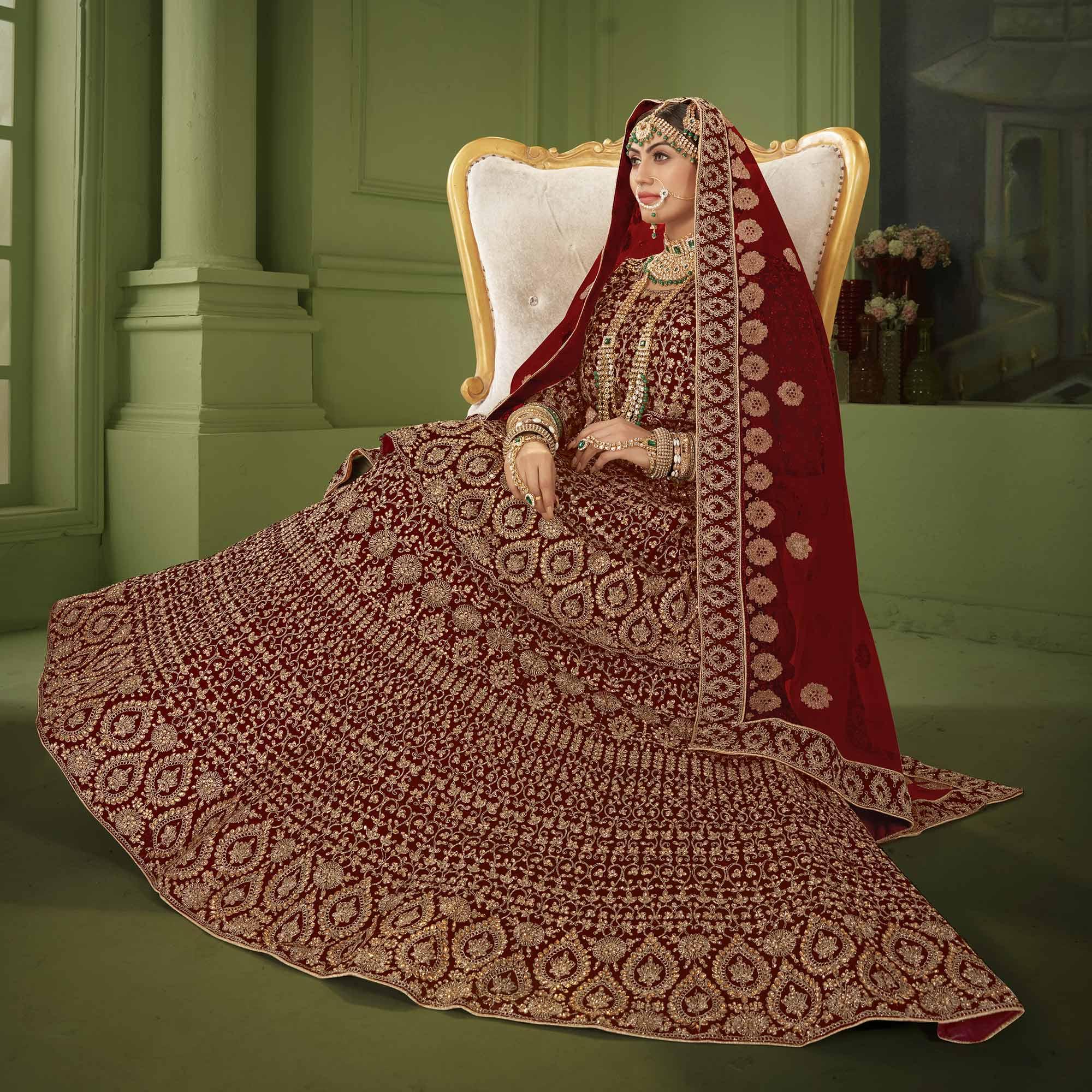 Maroon Wedding Wear Floral Coding Embroidery With Stone Velvet Lehenga Choli - Peachmode
