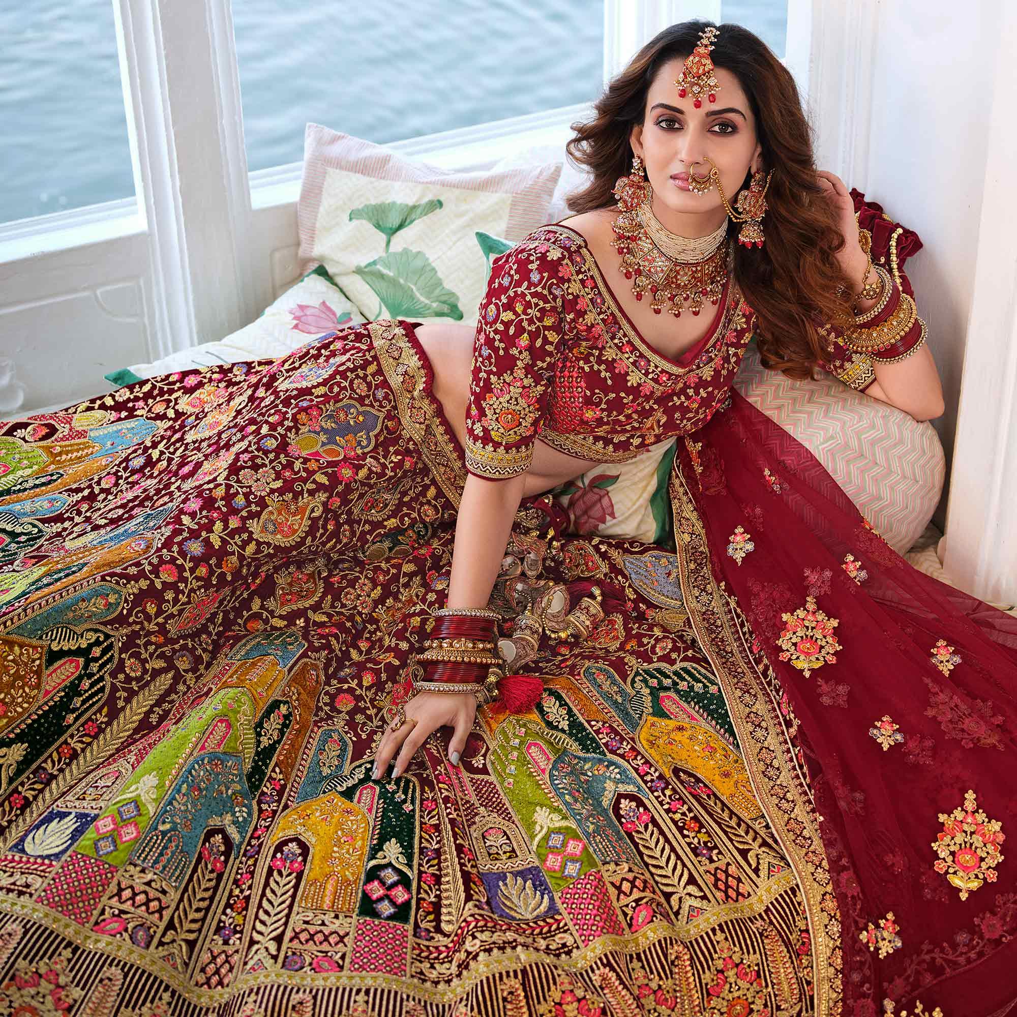 Maroon Wedding Wear Sequence Floral Embroidered Velvet Lehenga Choli - Peachmode