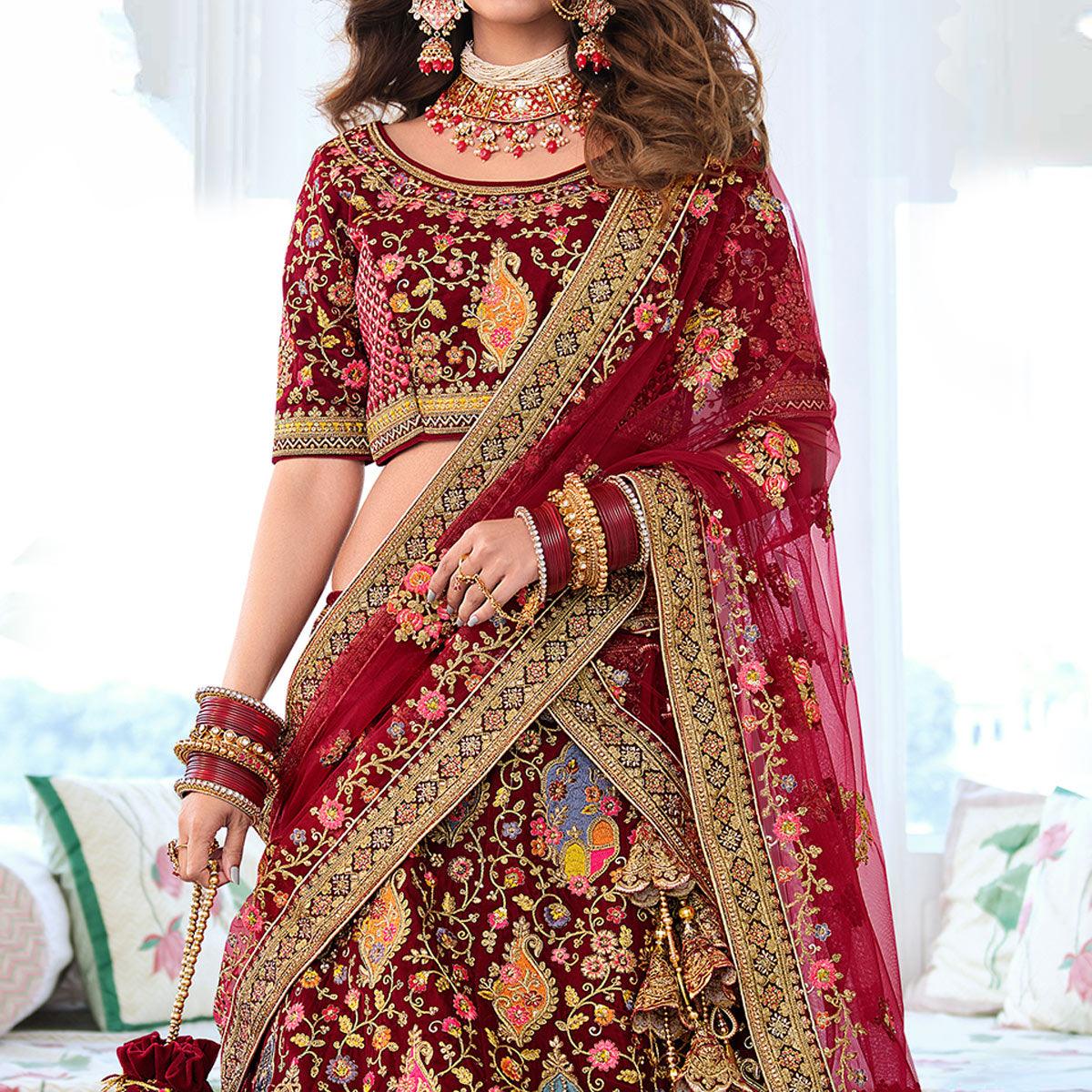 Maroon Wedding Wear Sequence Floral Embroidered Velvet Lehenga Choli - Peachmode