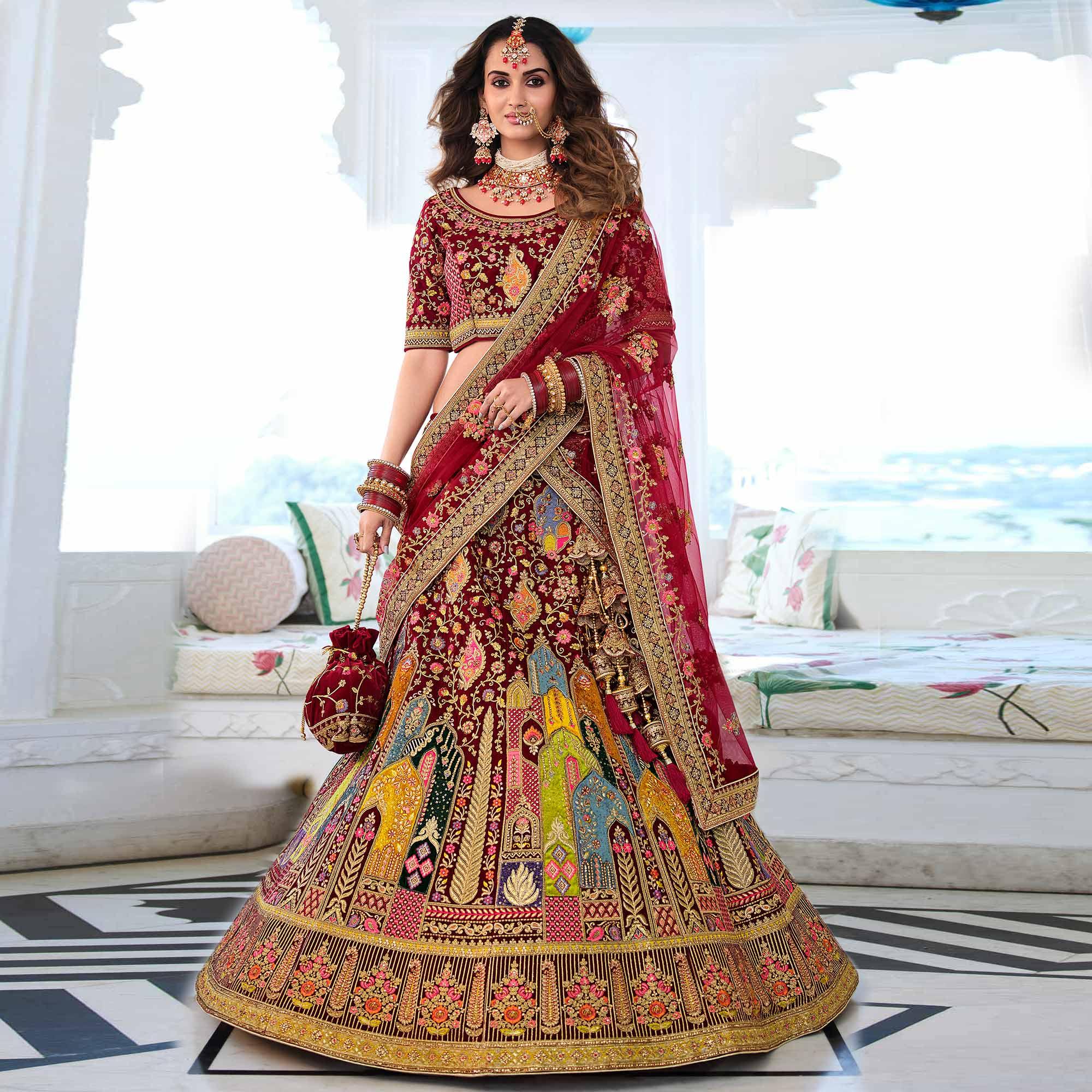 Maroon Wedding Wear Sequence Floral Embroidered Velvet Lehenga Choli - Peachmode