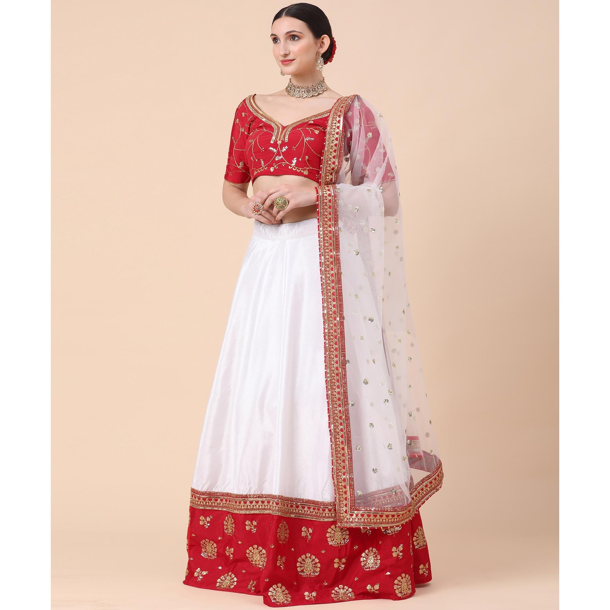 Maroon-White Party Wear Sequence Embroidered Satin Lehenga Choli - Peachmode