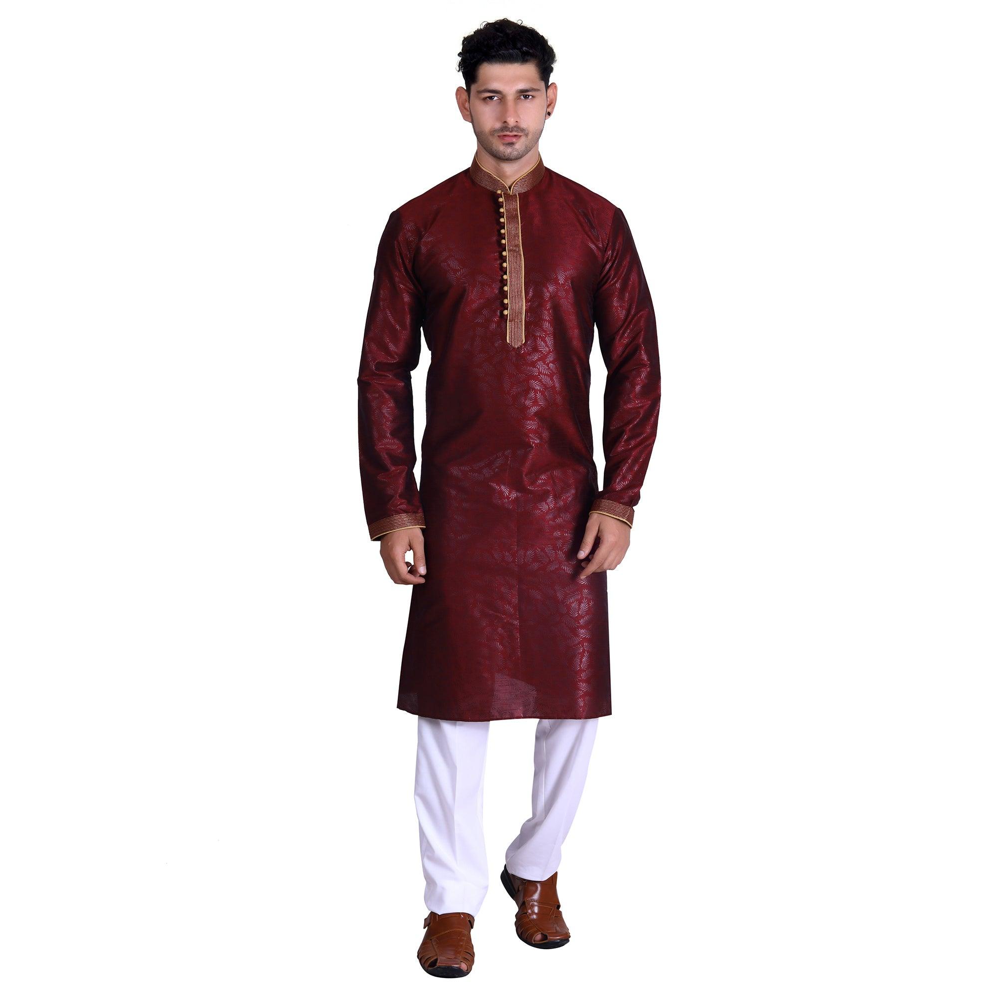 Maroon Woven Art Silk Men's Kurta Pyjama Set - Peachmode