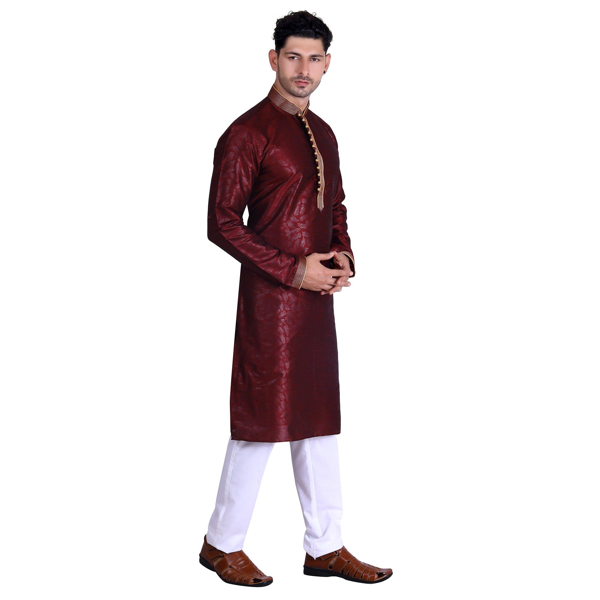 Maroon Woven Art Silk Men's Kurta Pyjama Set - Peachmode