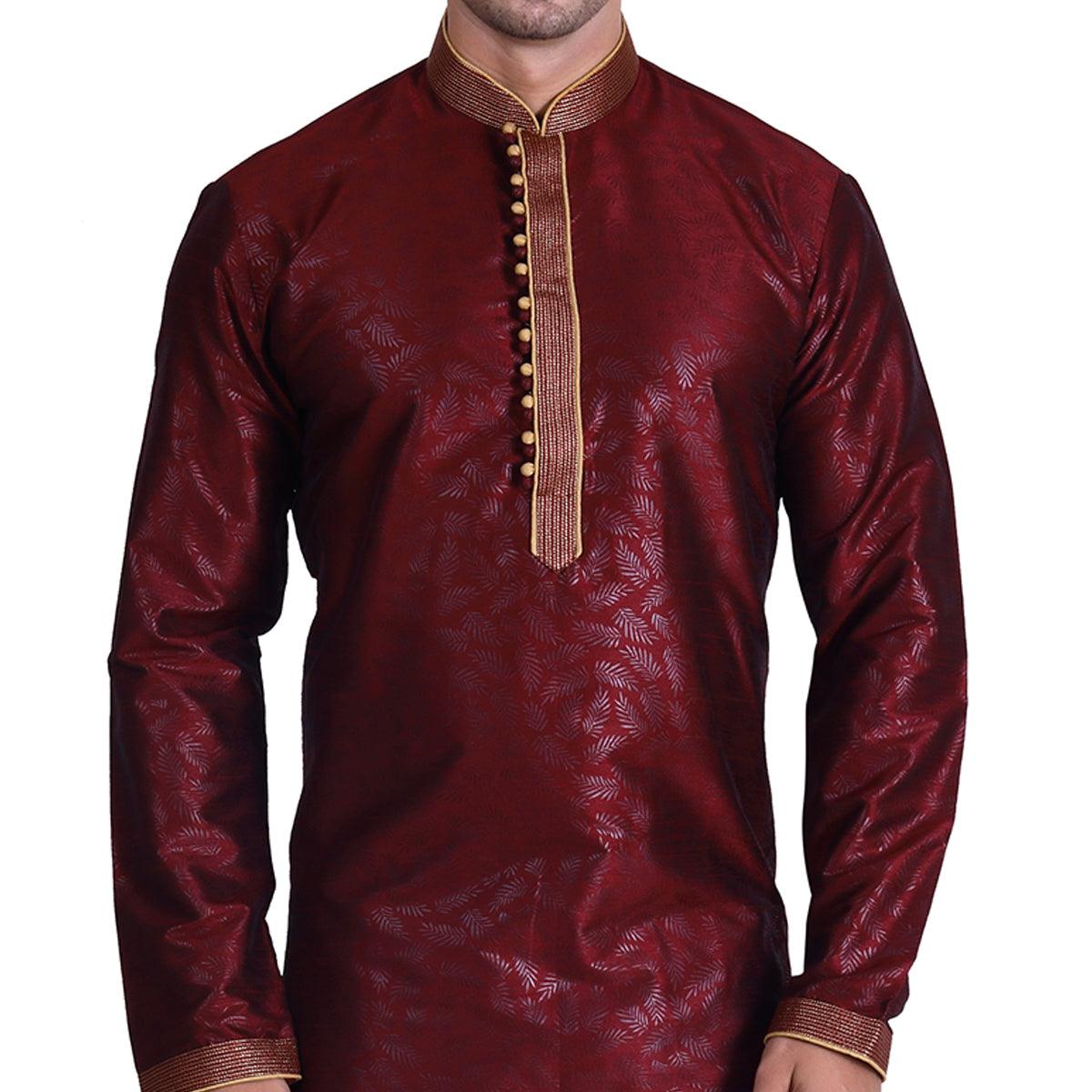 Maroon Woven Art Silk Men's Kurta Pyjama Set - Peachmode