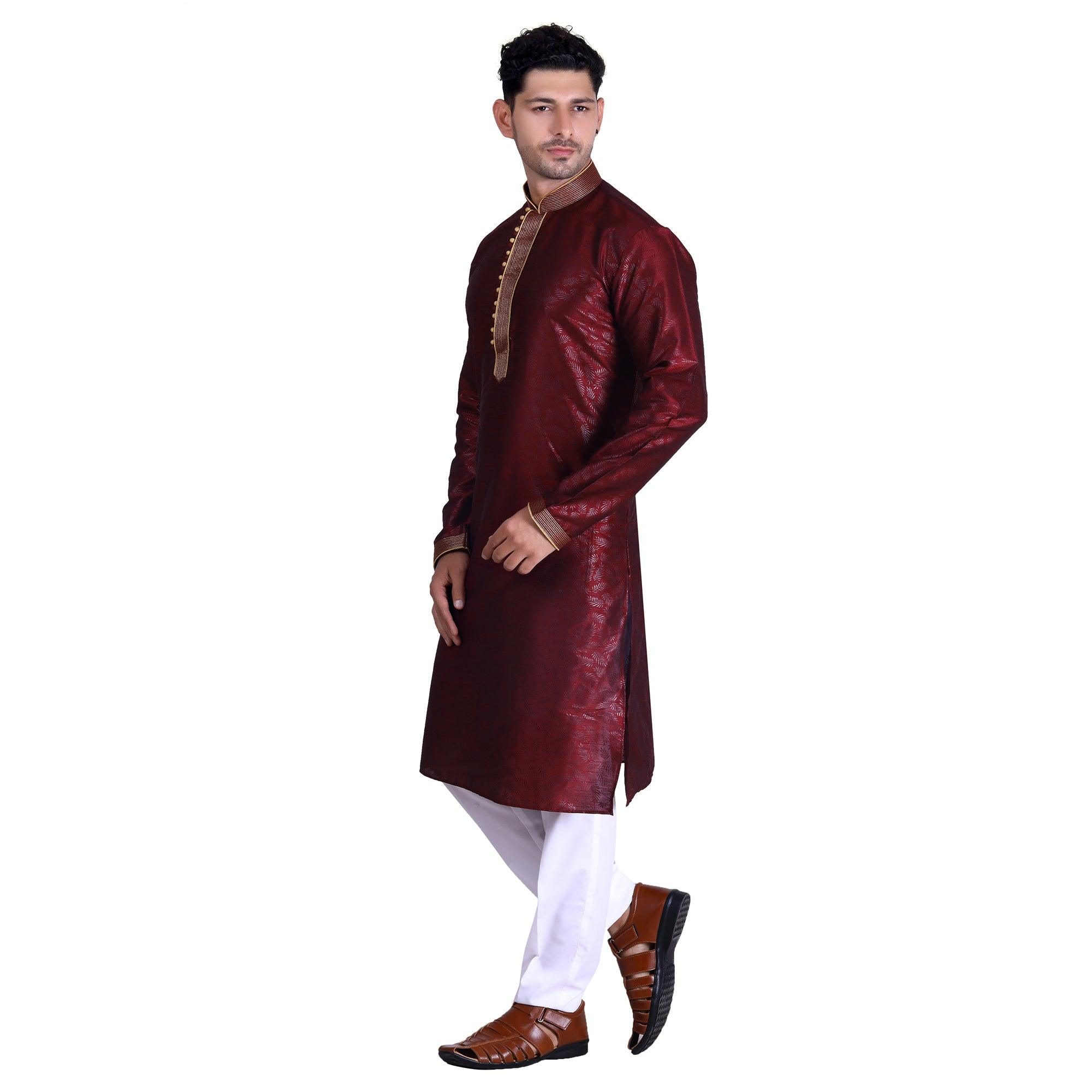 Maroon Woven Art Silk Men's Kurta Pyjama Set - Peachmode