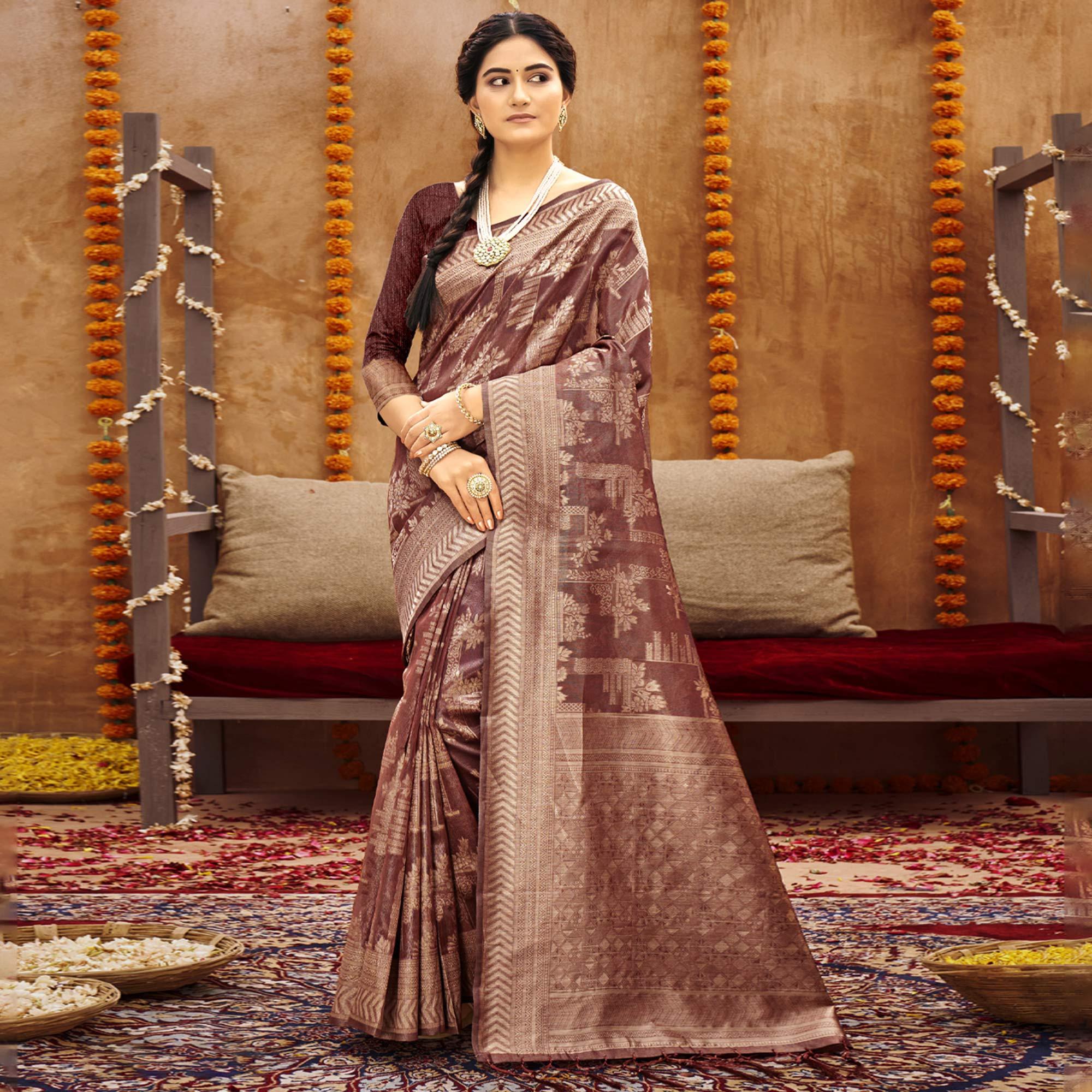 Maroon Woven Art Silk Saree - Peachmode