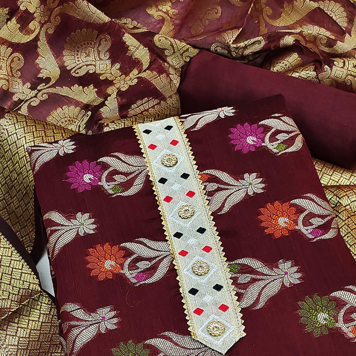 Maroon Woven Banarasi Dress Material - Peachmode