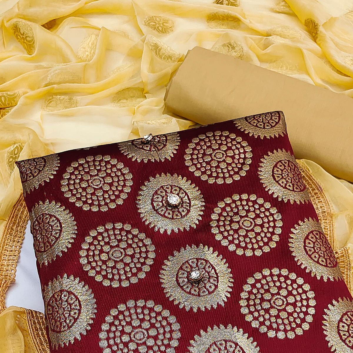 Maroon Woven Banarasi Dress Material - Peachmode