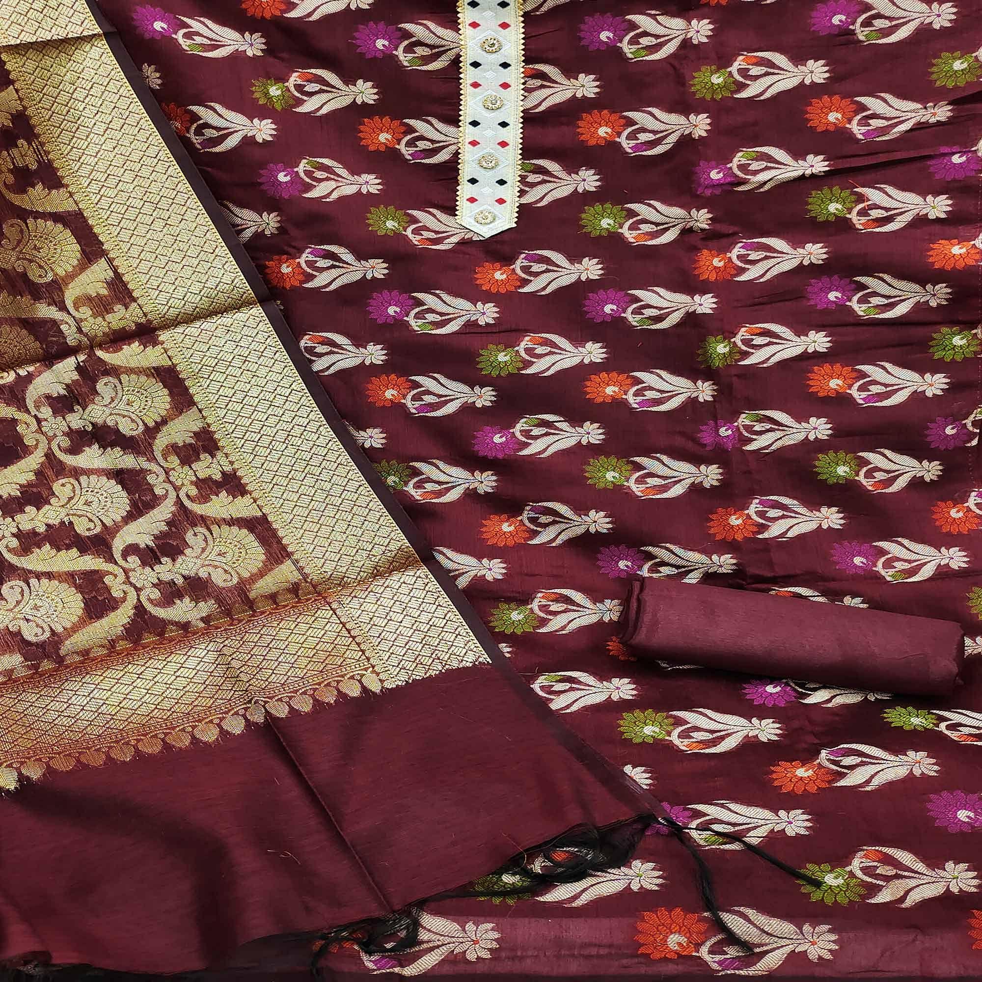 Maroon Woven Banarasi Dress Material - Peachmode