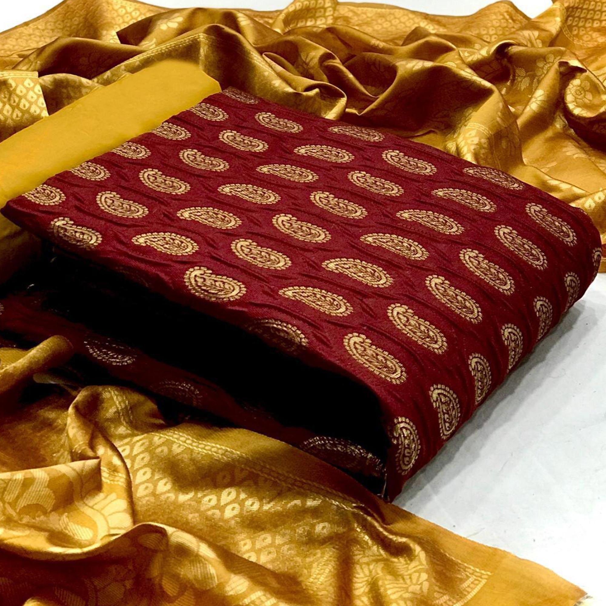 Maroon Woven Banarasi Silk Dress Material - Peachmode