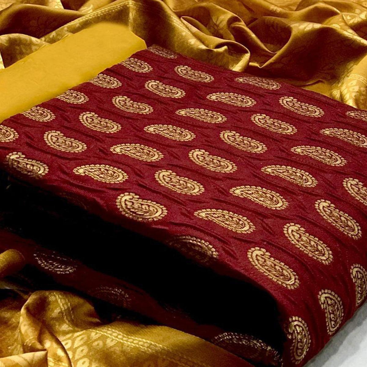 Maroon Woven Banarasi Silk Dress Material - Peachmode