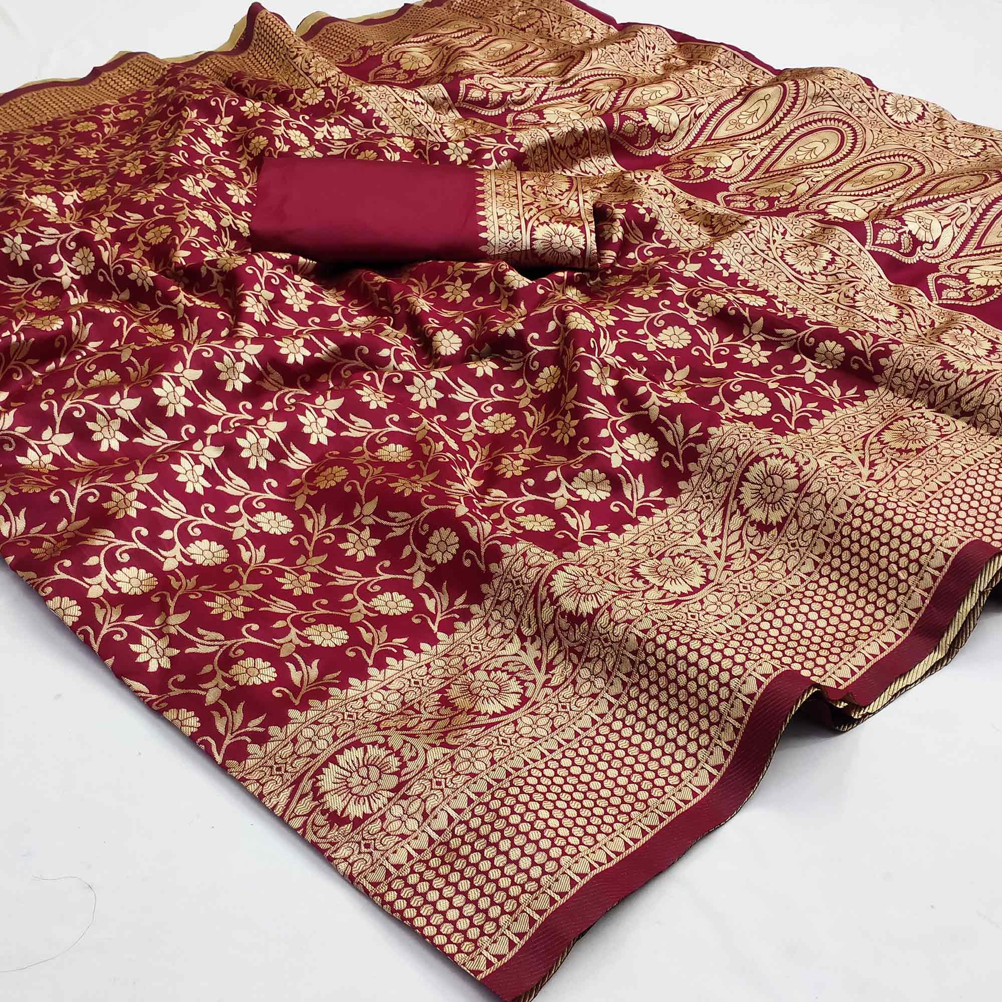 Maroon Woven Banarasi Silk Saree - Peachmode