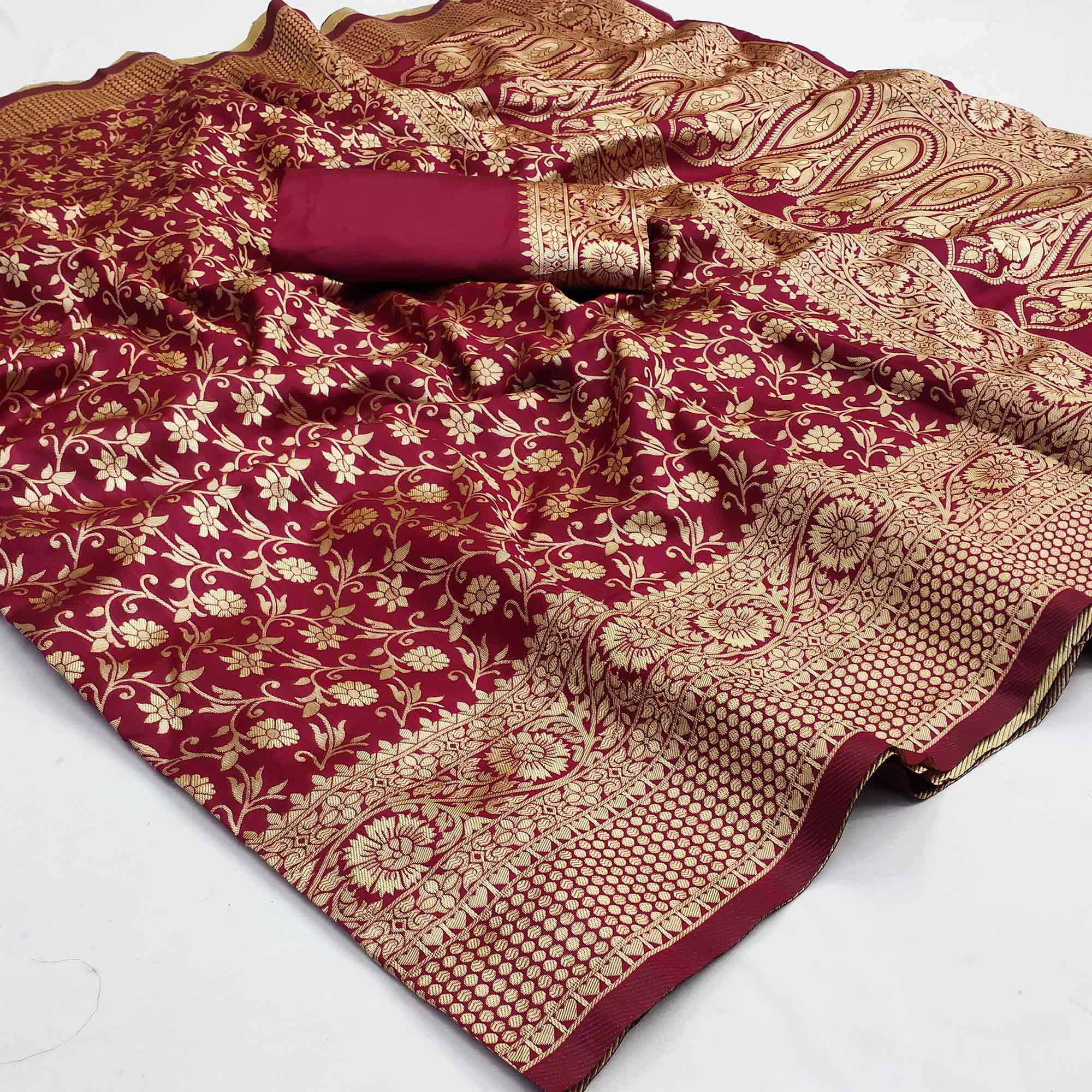 Maroon Woven Banarasi Silk Saree - Peachmode