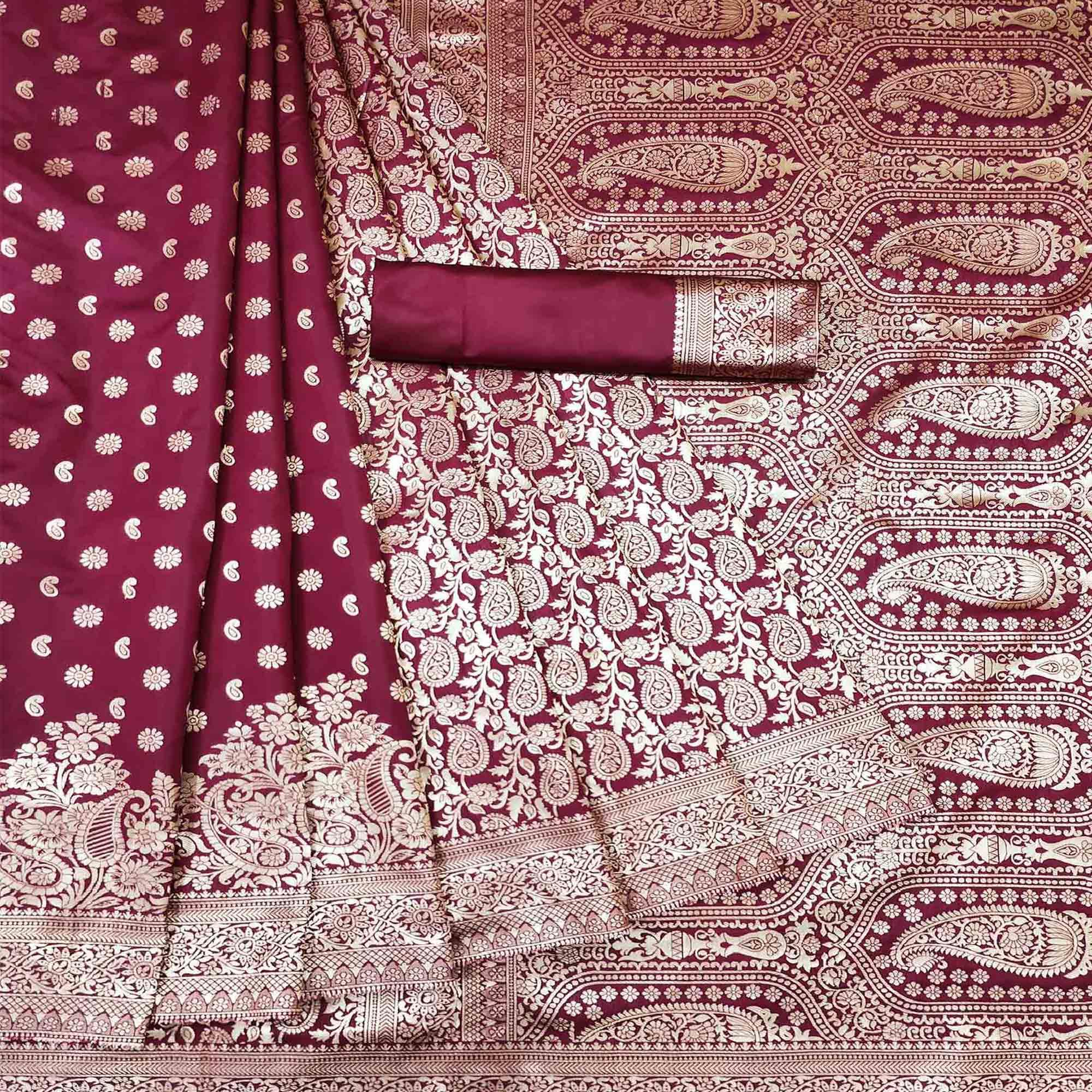 Maroon Woven Banarasi Silk Saree - Peachmode