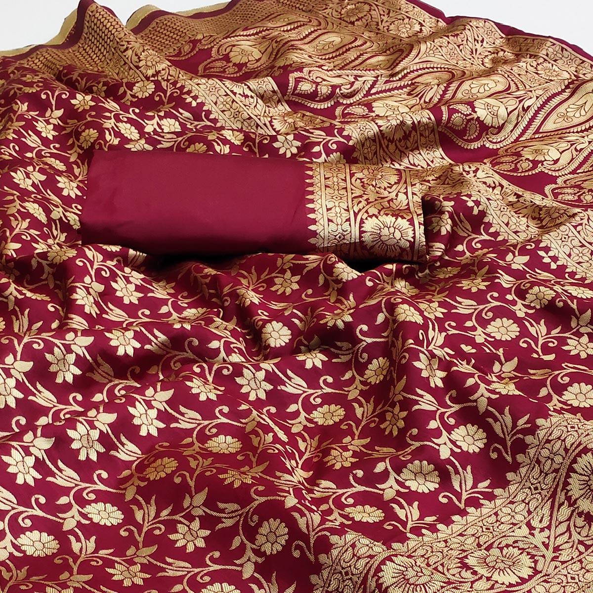 Maroon Woven Banarasi Silk Saree - Peachmode