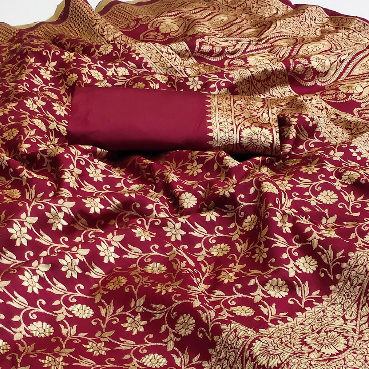 Maroon Woven Banarasi Silk Saree - Peachmode
