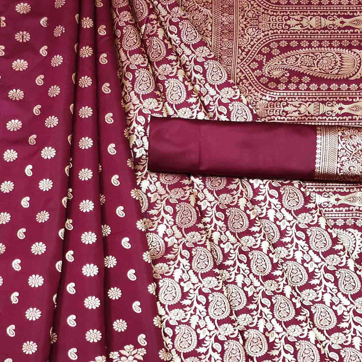 Maroon Woven Banarasi Silk Saree - Peachmode