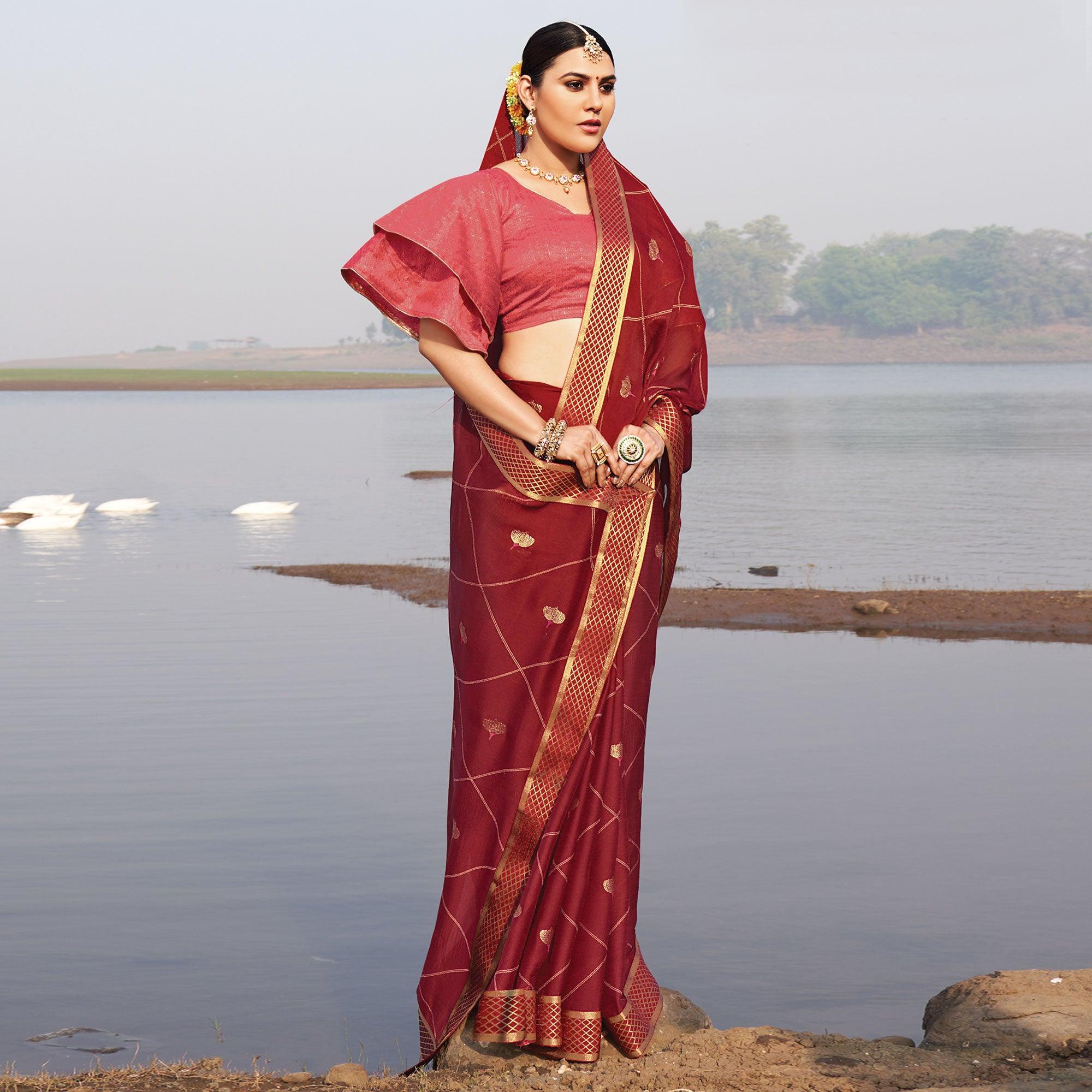 Maroon Woven Chiffon Saree - Peachmode