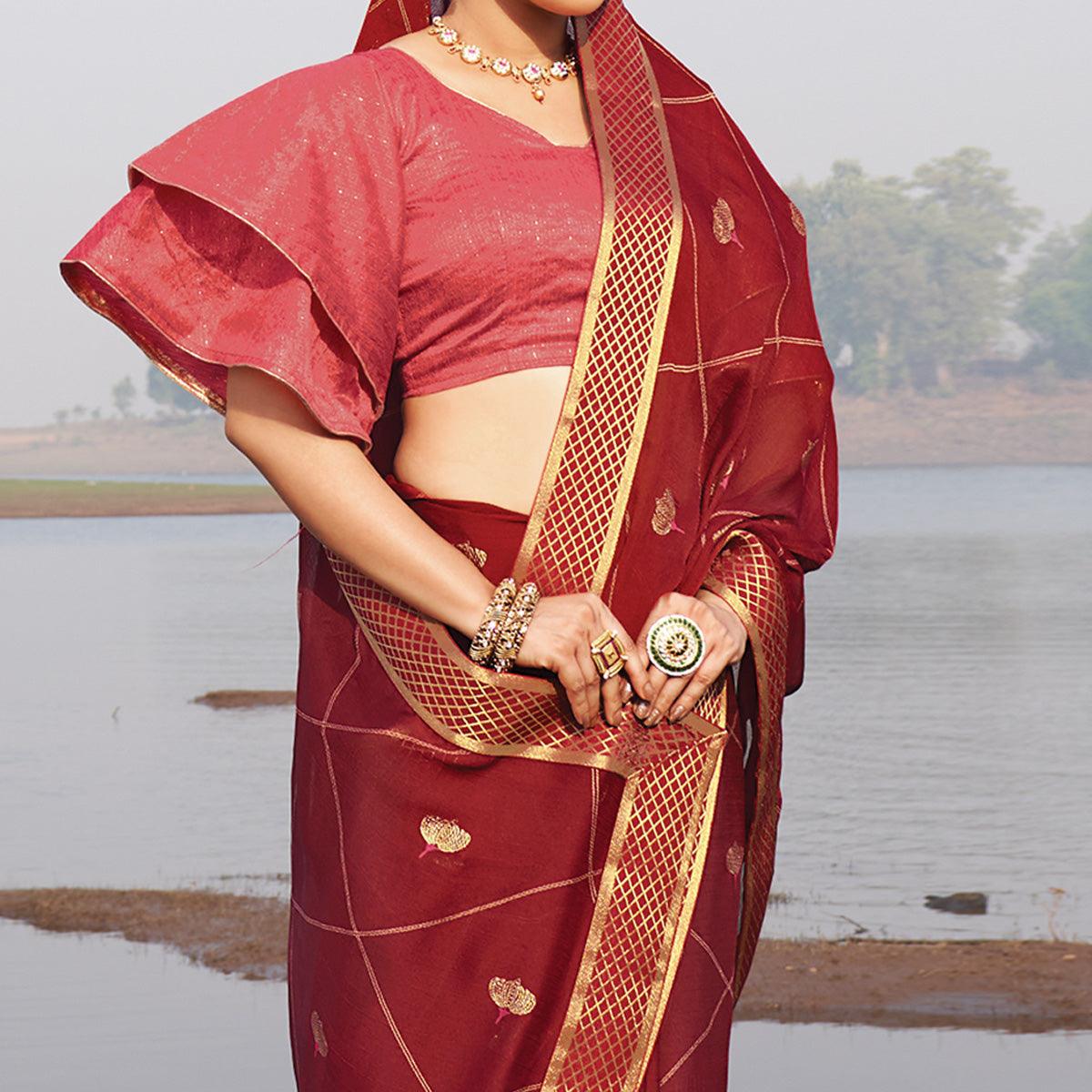 Maroon Woven Chiffon Saree - Peachmode