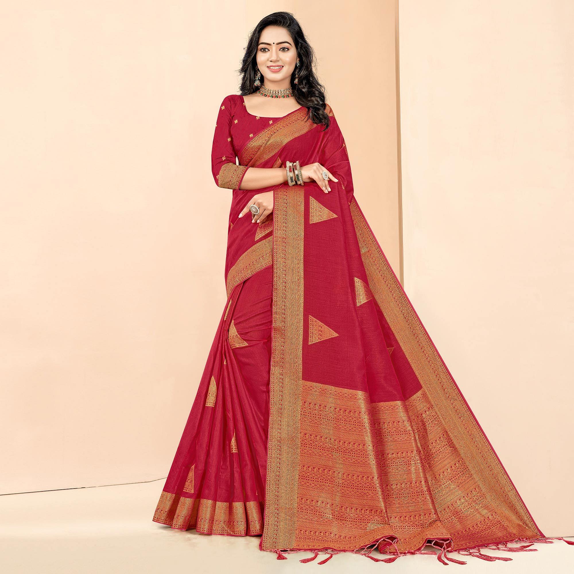 Maroon Woven Cotton Silk Saree - Peachmode