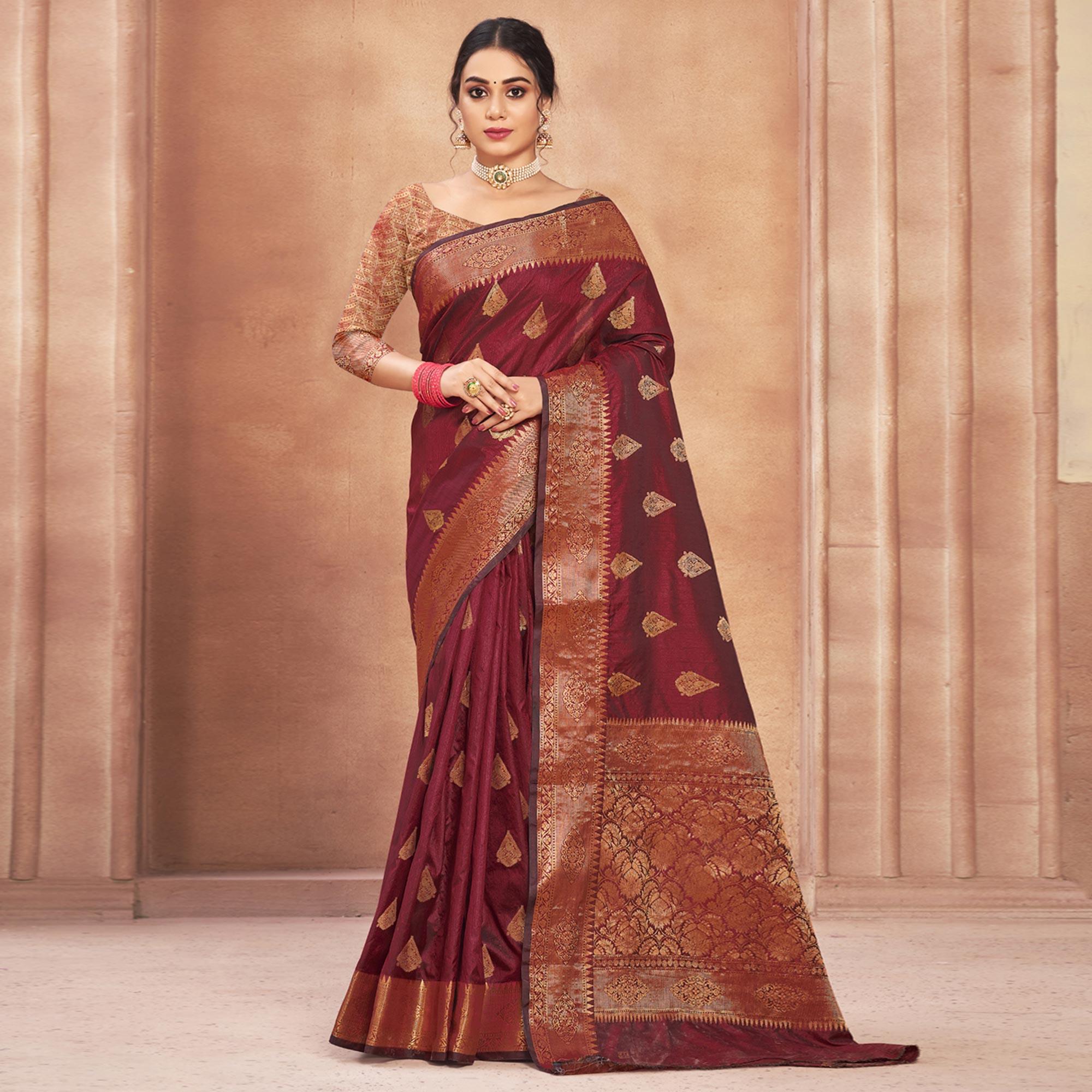 Maroon Woven Cotton Silk Saree - Peachmode