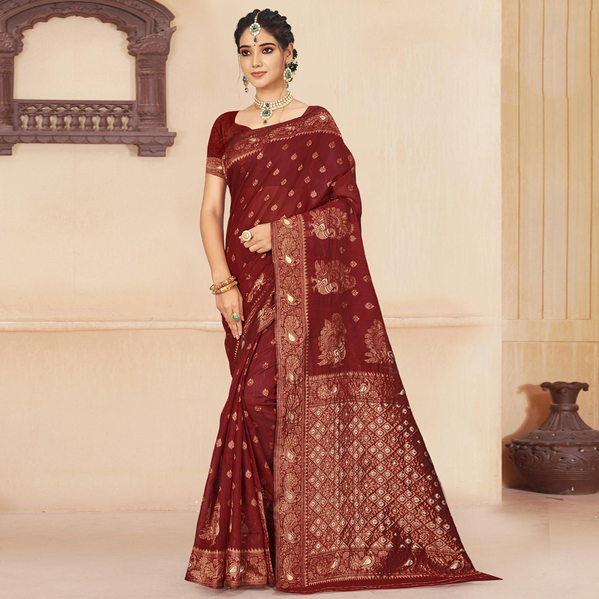 Maroon Woven Cotton Silk Saree - Peachmode