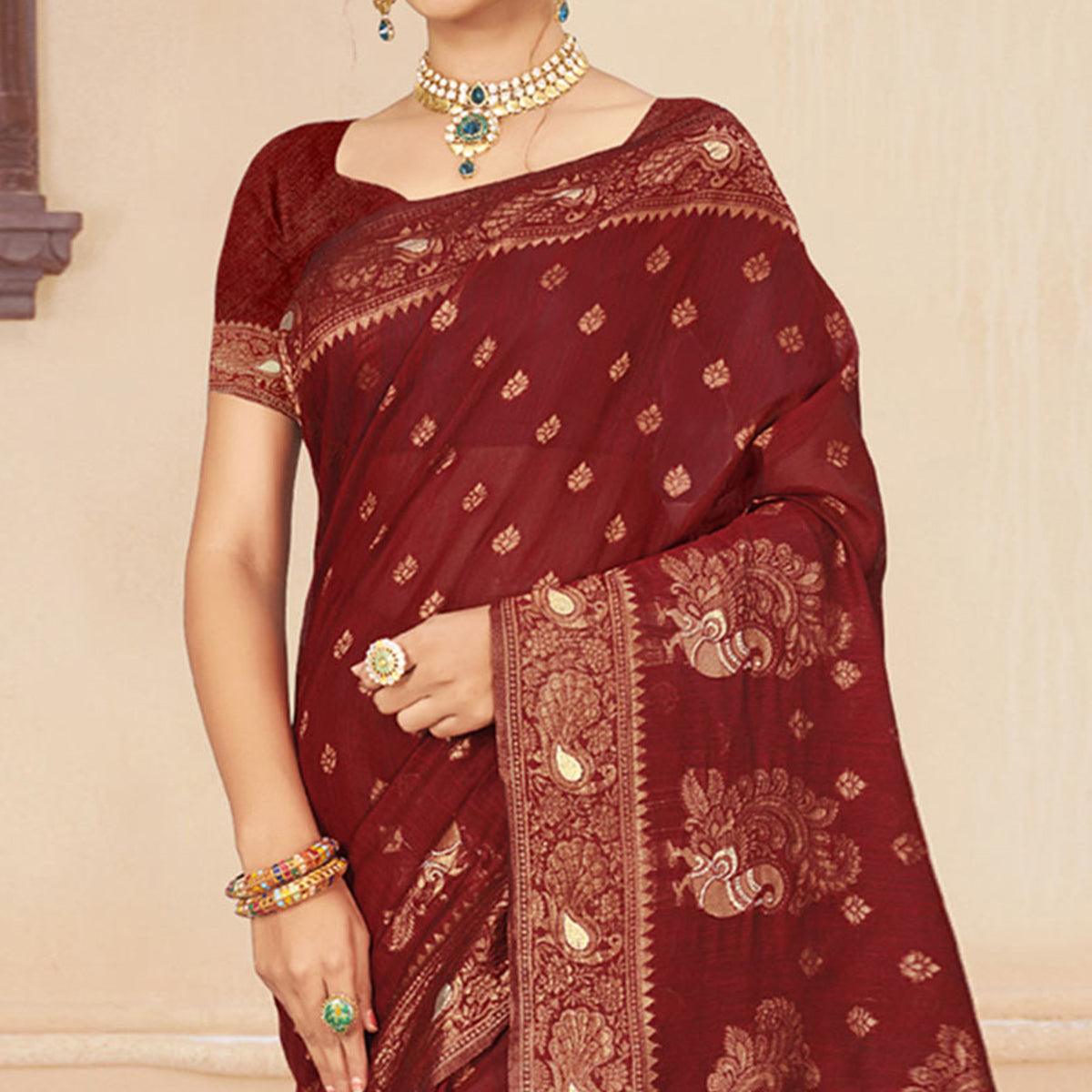 Maroon Woven Cotton Silk Saree - Peachmode