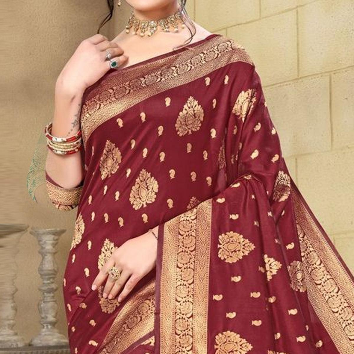 Maroon Woven Cotton Silk Saree - Peachmode