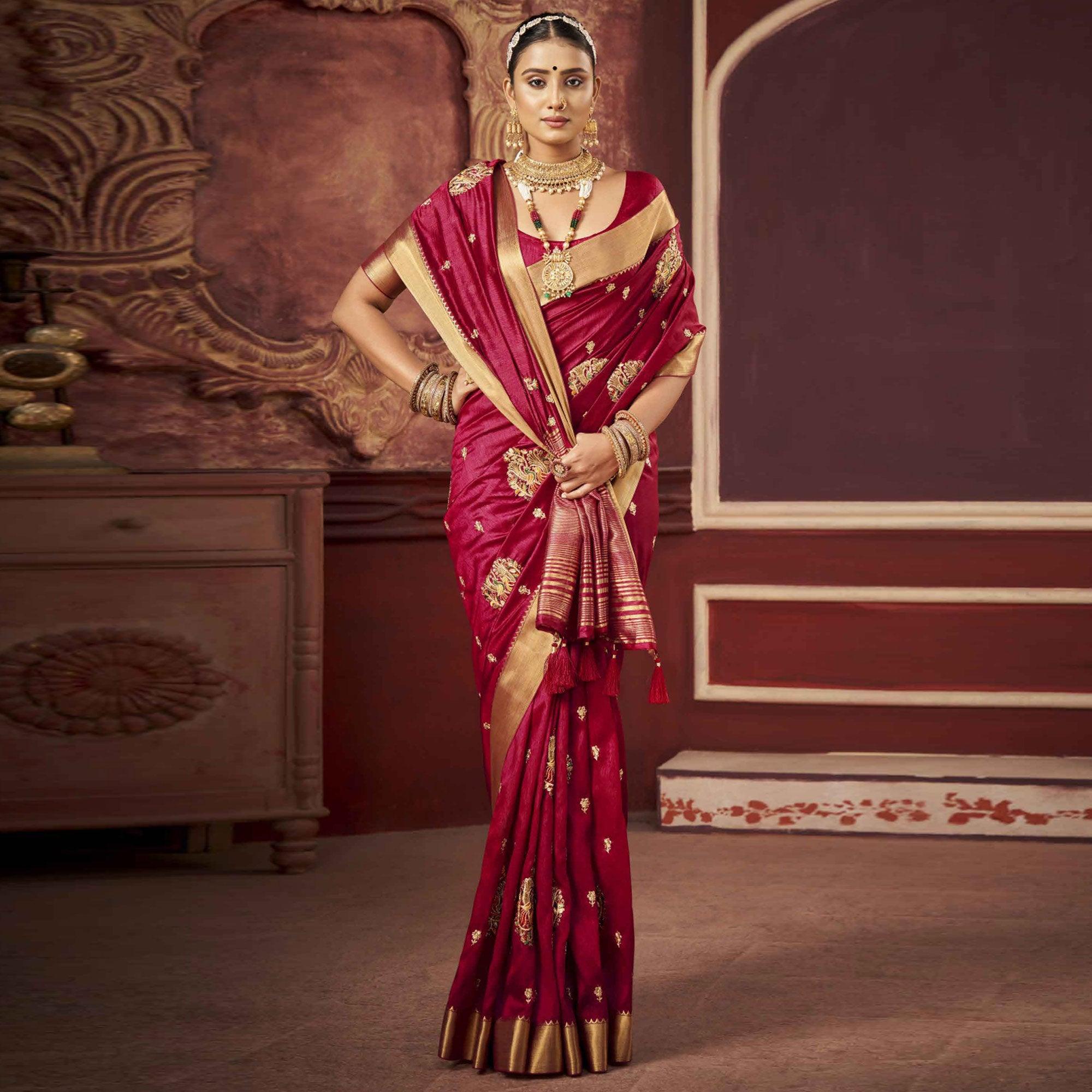 Maroon Woven-Embroidered Raw Silk Saree With Tassels - Peachmode