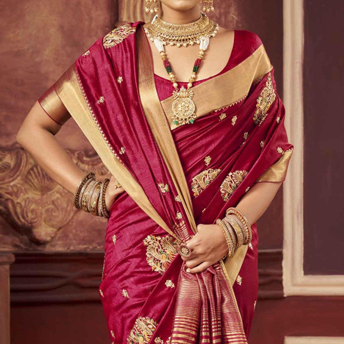 Maroon Woven-Embroidered Raw Silk Saree With Tassels - Peachmode