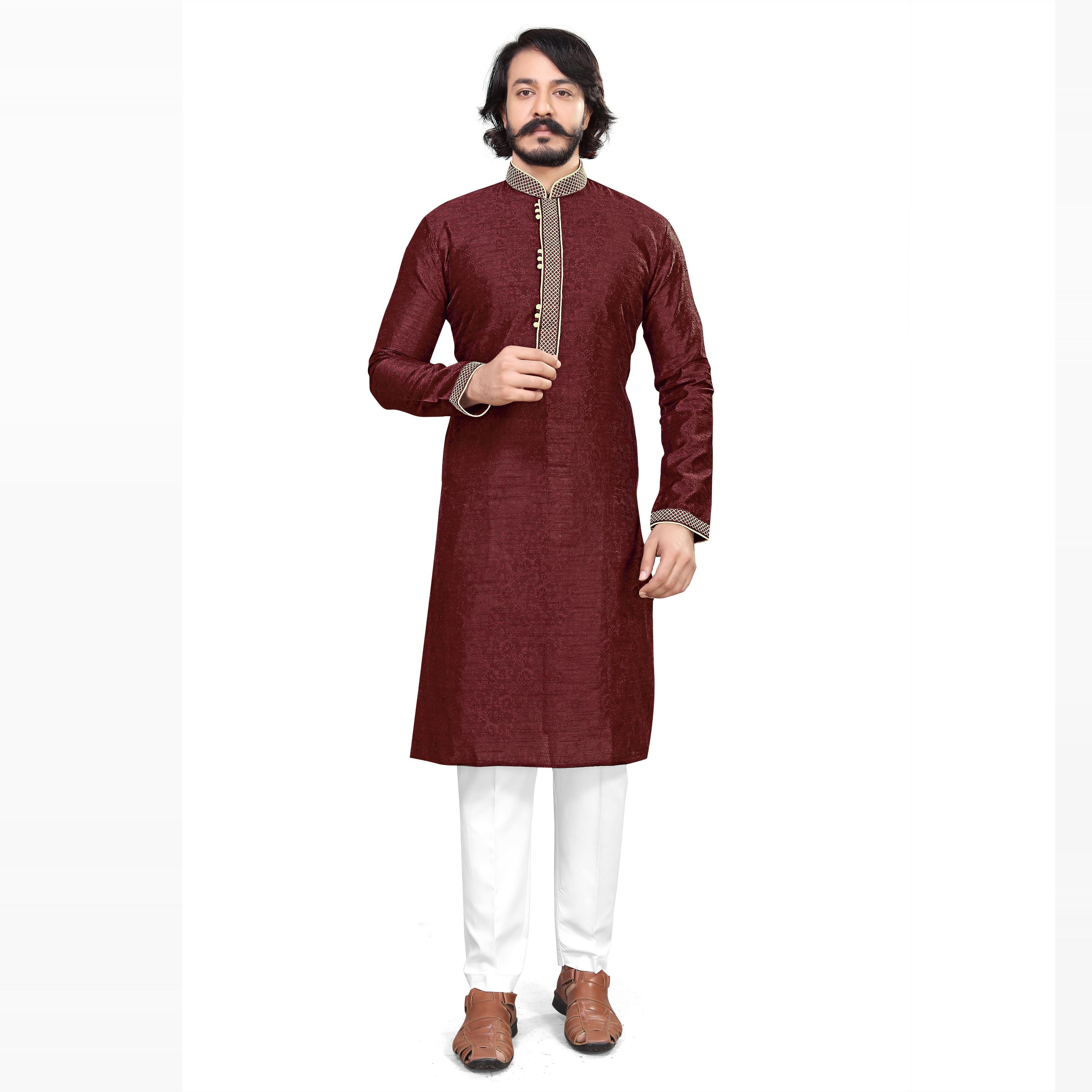 Maroon Woven Jacquard Men's Kurta Pyjama Set - Peachmode