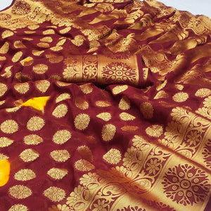 Maroon Woven Jacquard Saree With Tassels - Peachmode