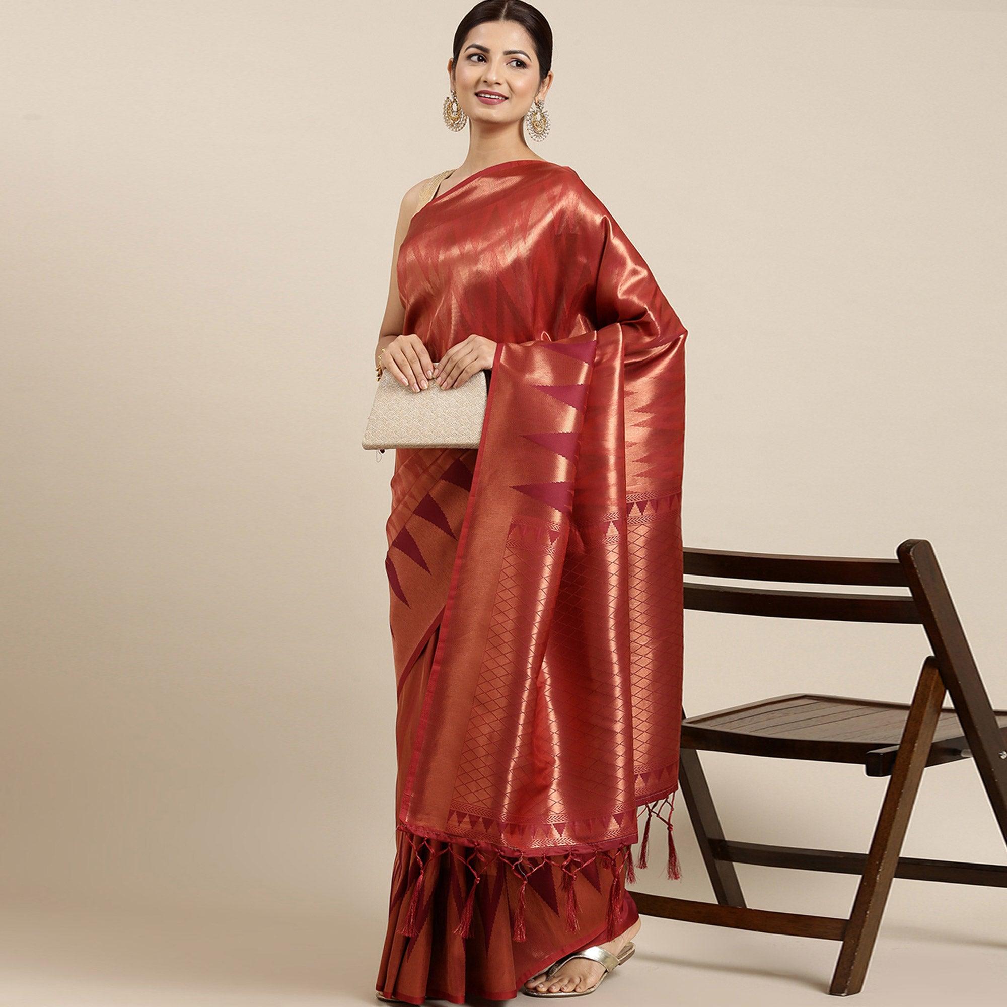 Maroon Woven Kanjivaram Silk Saree With Tassels - Peachmode