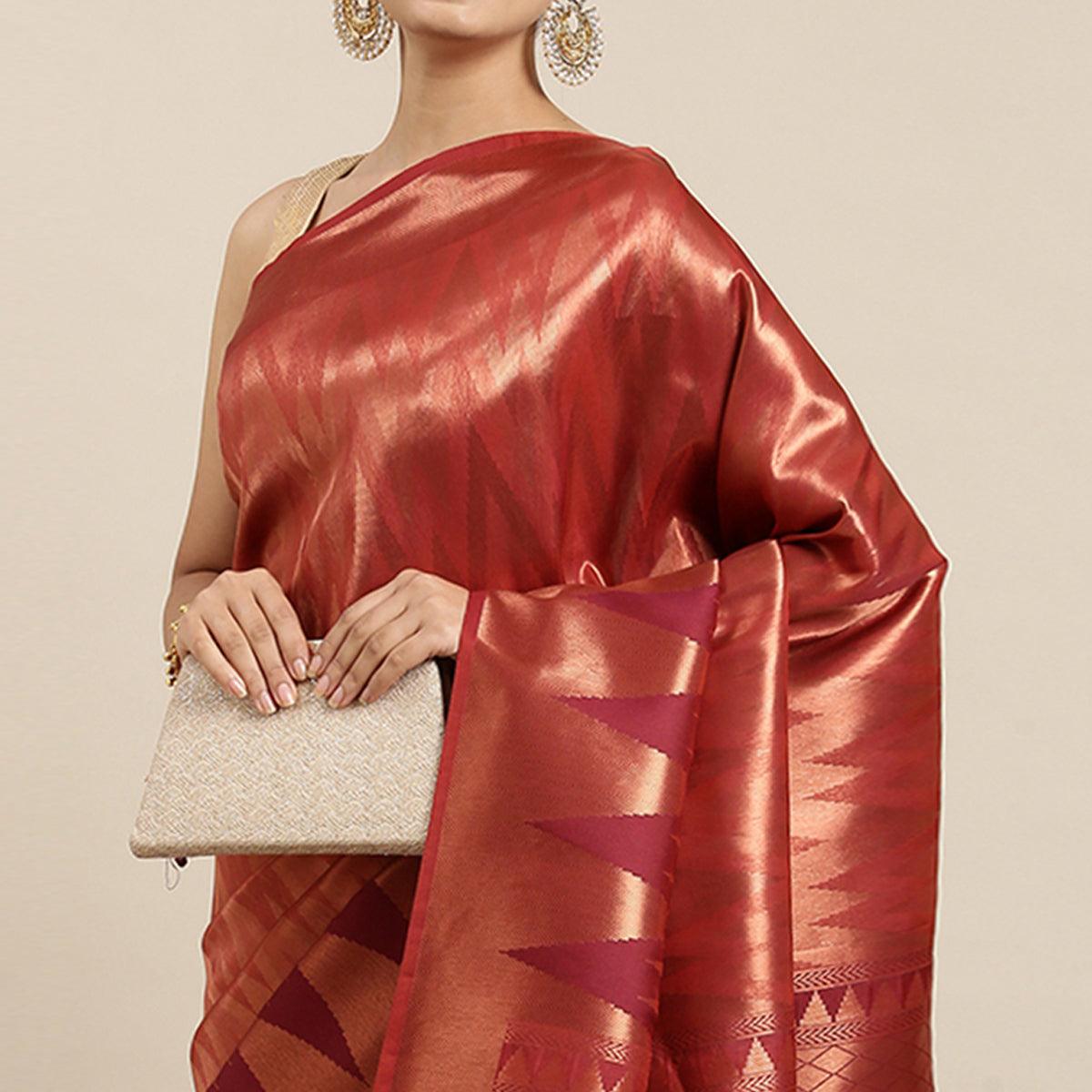 Maroon Woven Kanjivaram Silk Saree With Tassels - Peachmode