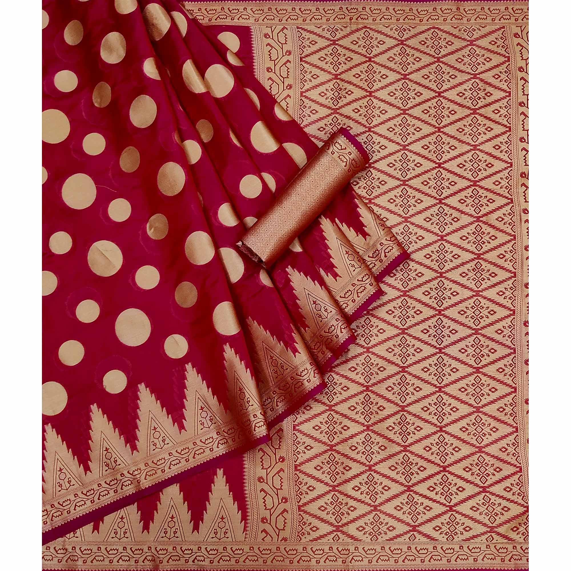 Maroon Woven Organza Saree - Peachmode
