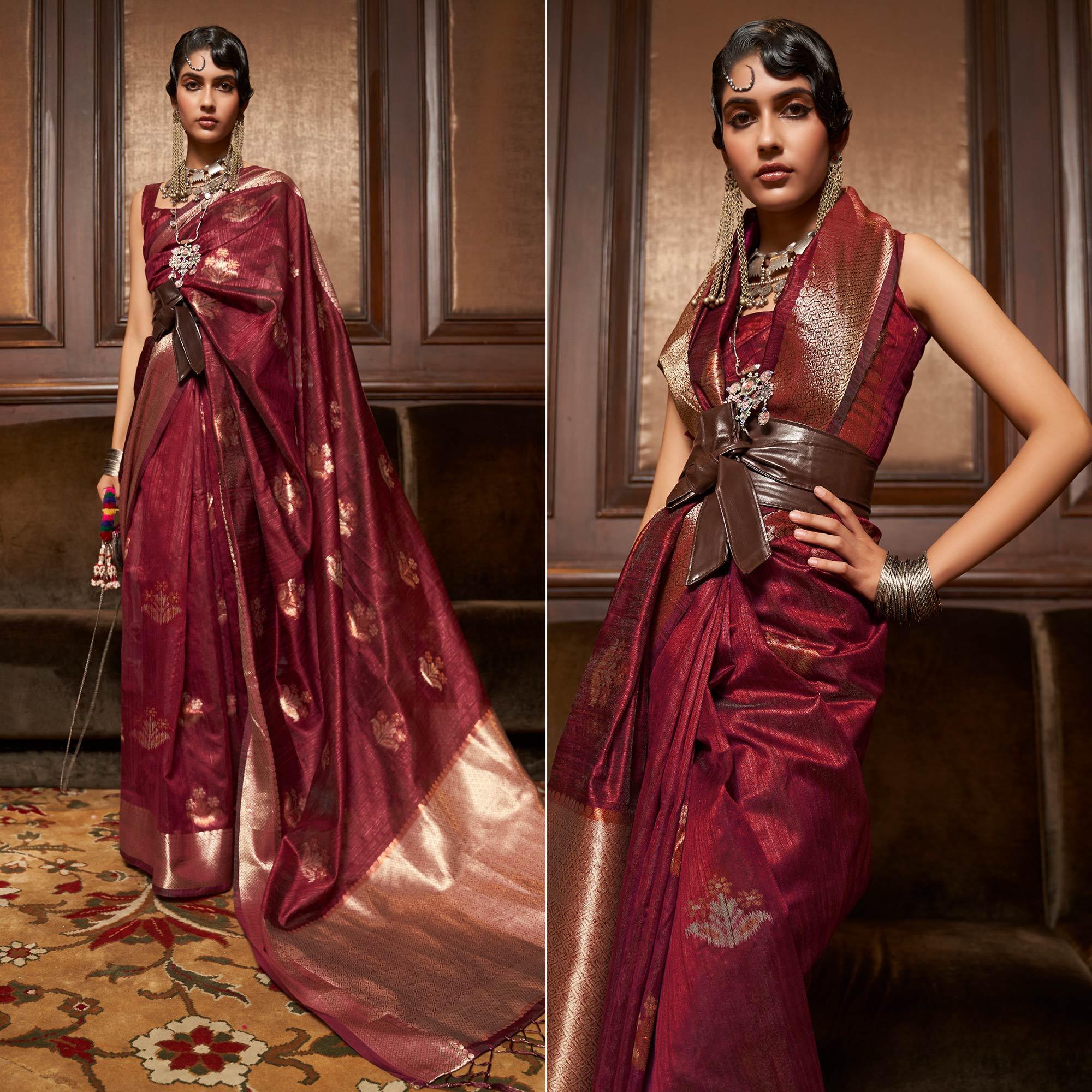 Maroon Woven Pure Silk Saree With Tassels - Peachmode