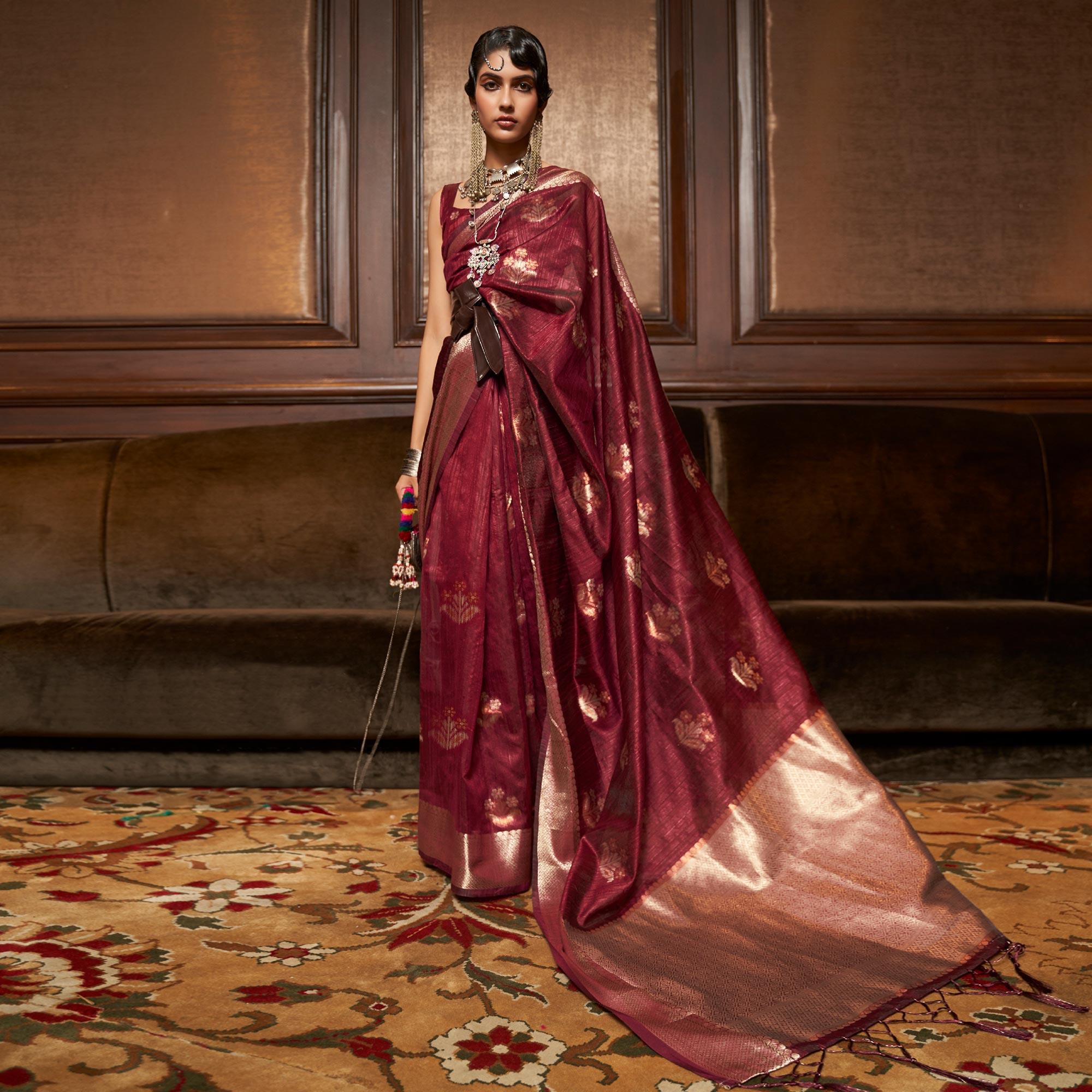 Maroon Woven Pure Silk Saree With Tassels - Peachmode