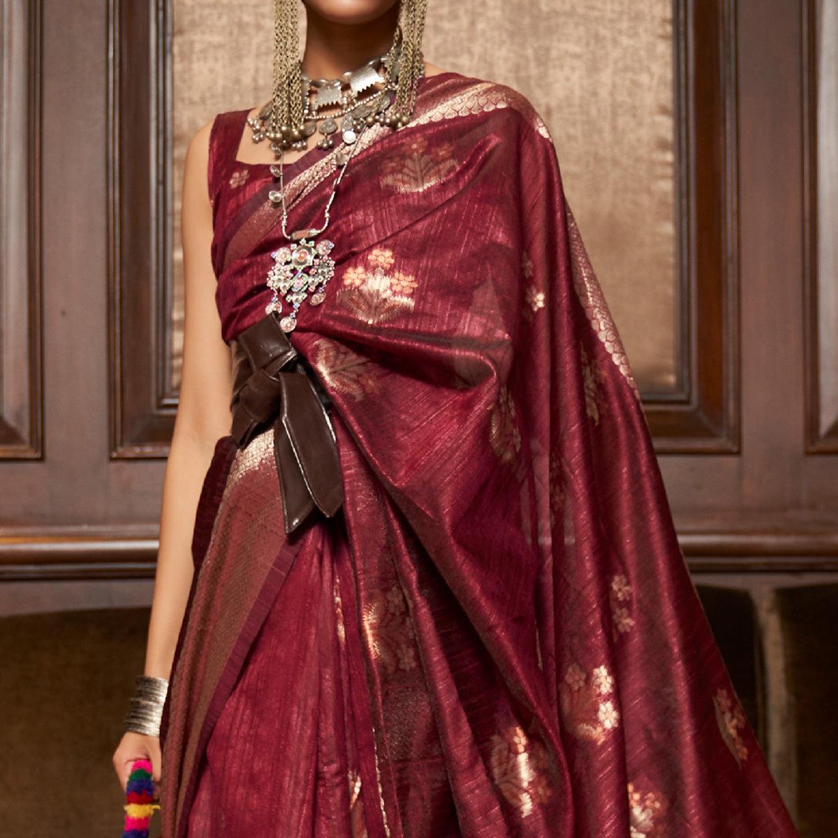 Maroon Woven Pure Silk Saree With Tassels - Peachmode