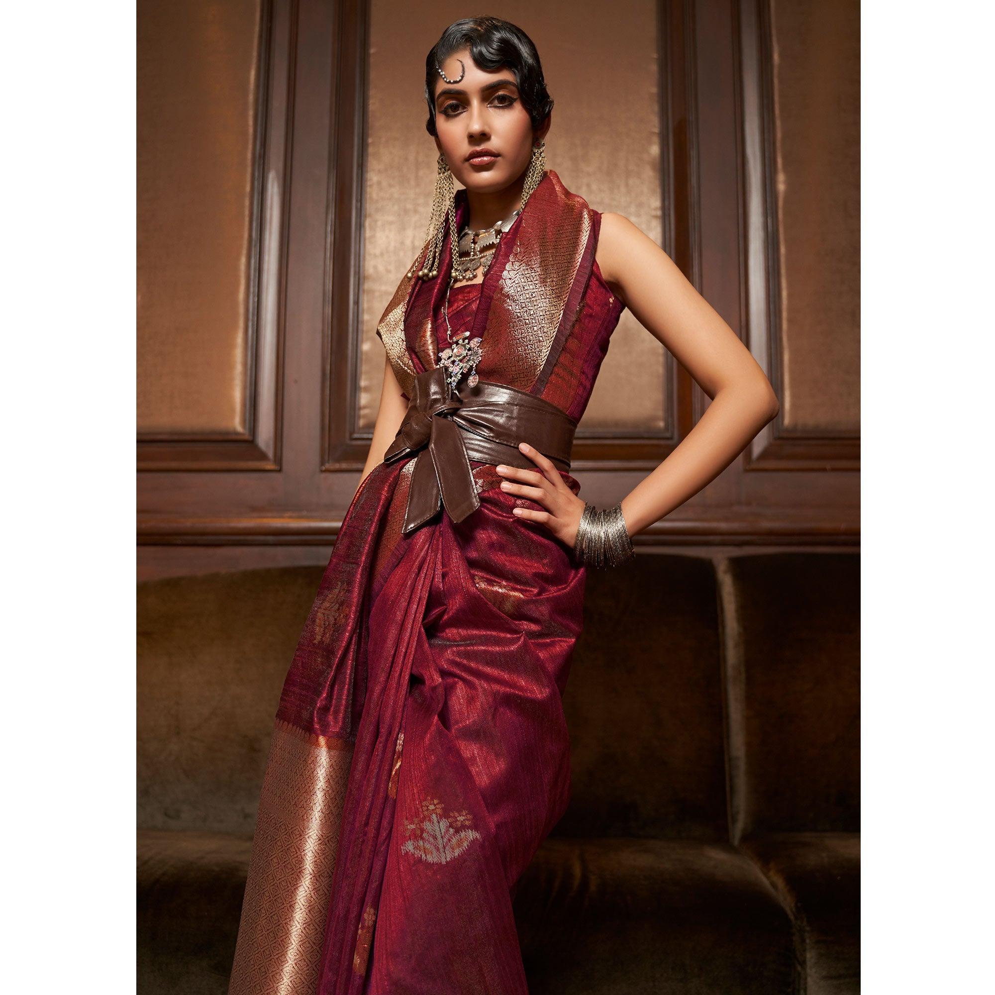 Maroon Woven Pure Silk Saree With Tassels - Peachmode