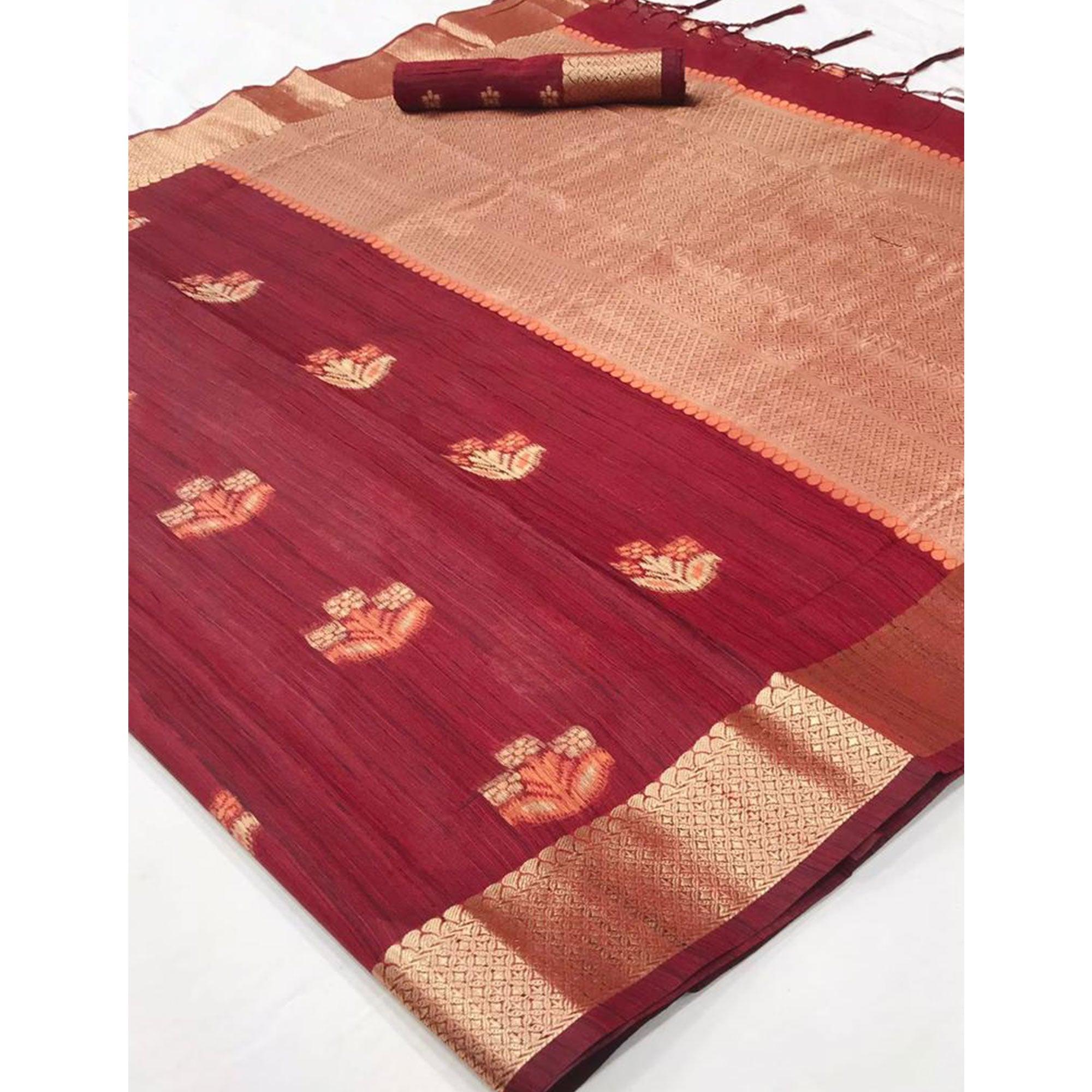 Maroon Woven Pure Silk Saree With Tassels - Peachmode