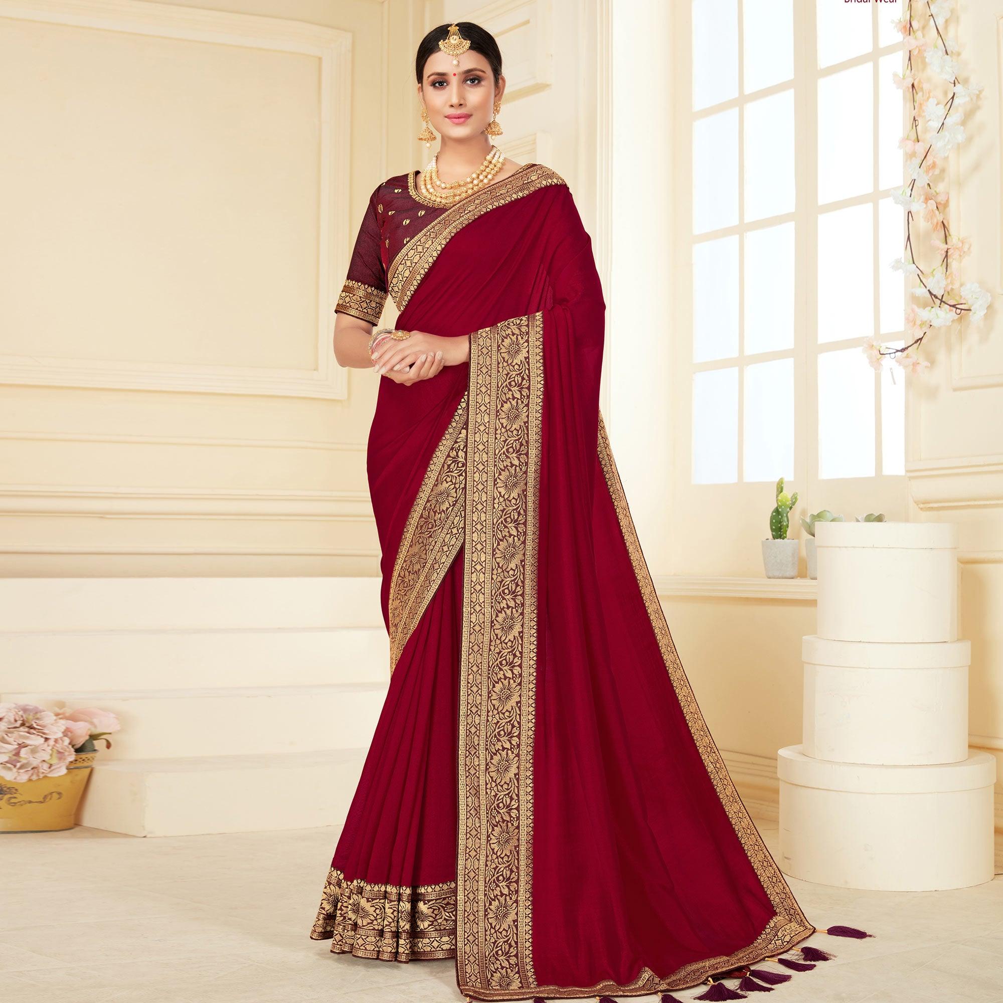Maroon Woven Vichitra Silk Saree - Peachmode
