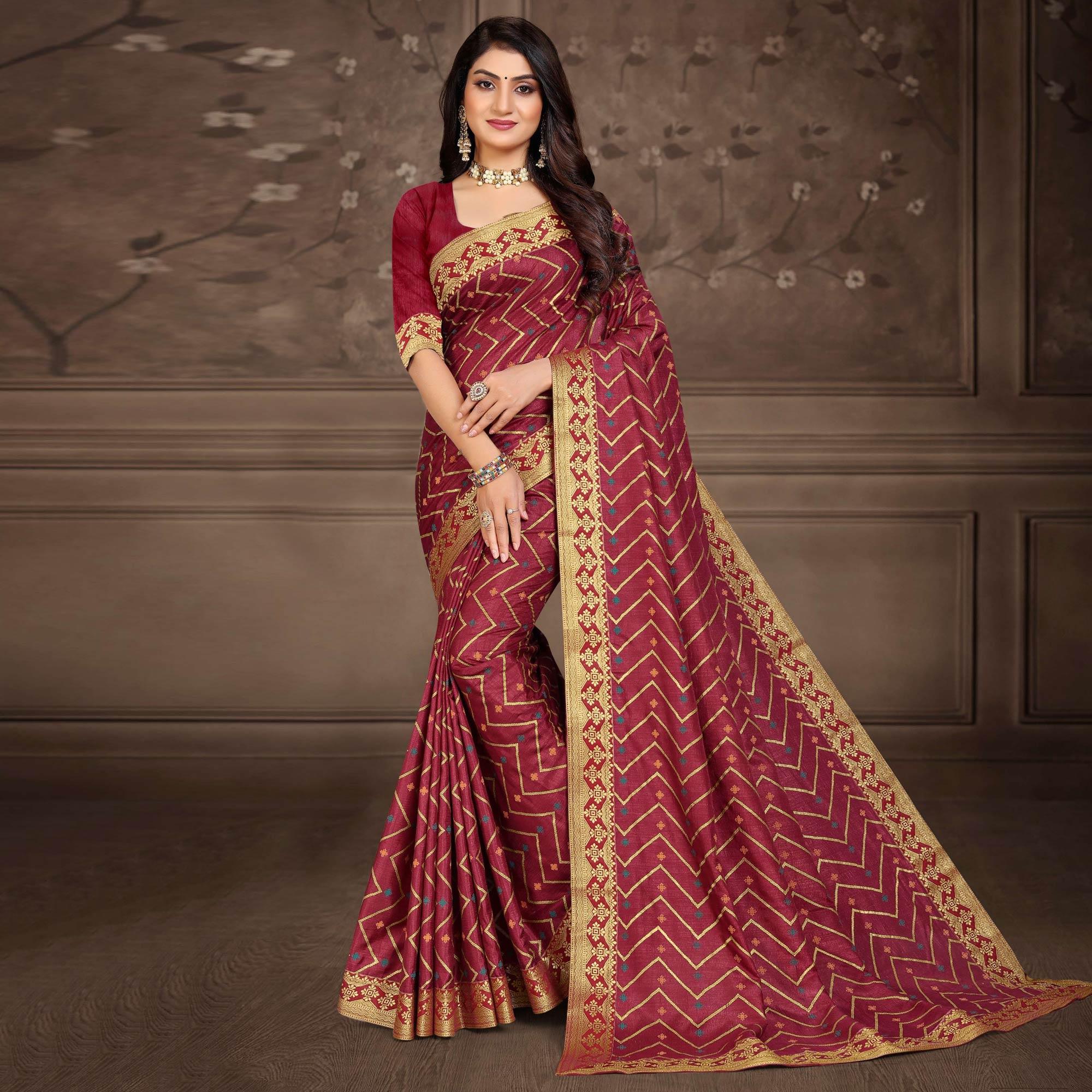 Maroon Woven Vichitra Silk Saree - Peachmode
