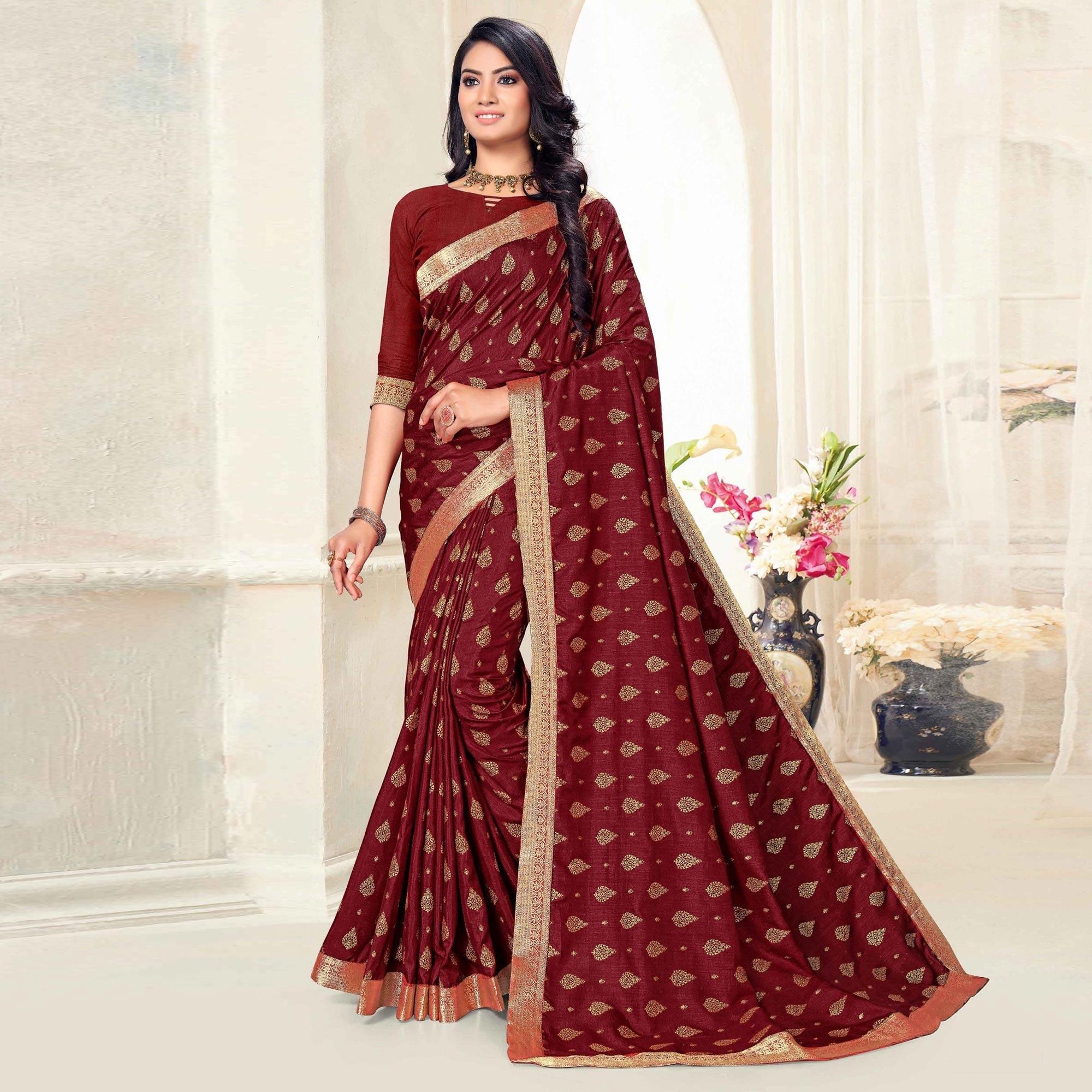 Maroon Woven Vichitra Silk Saree - Peachmode