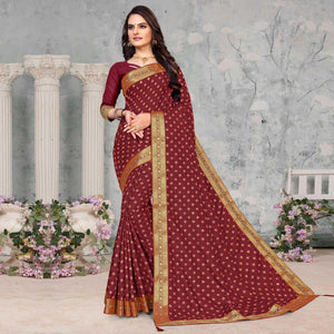 Maroon Woven Vichitra Silk Saree - Peachmode