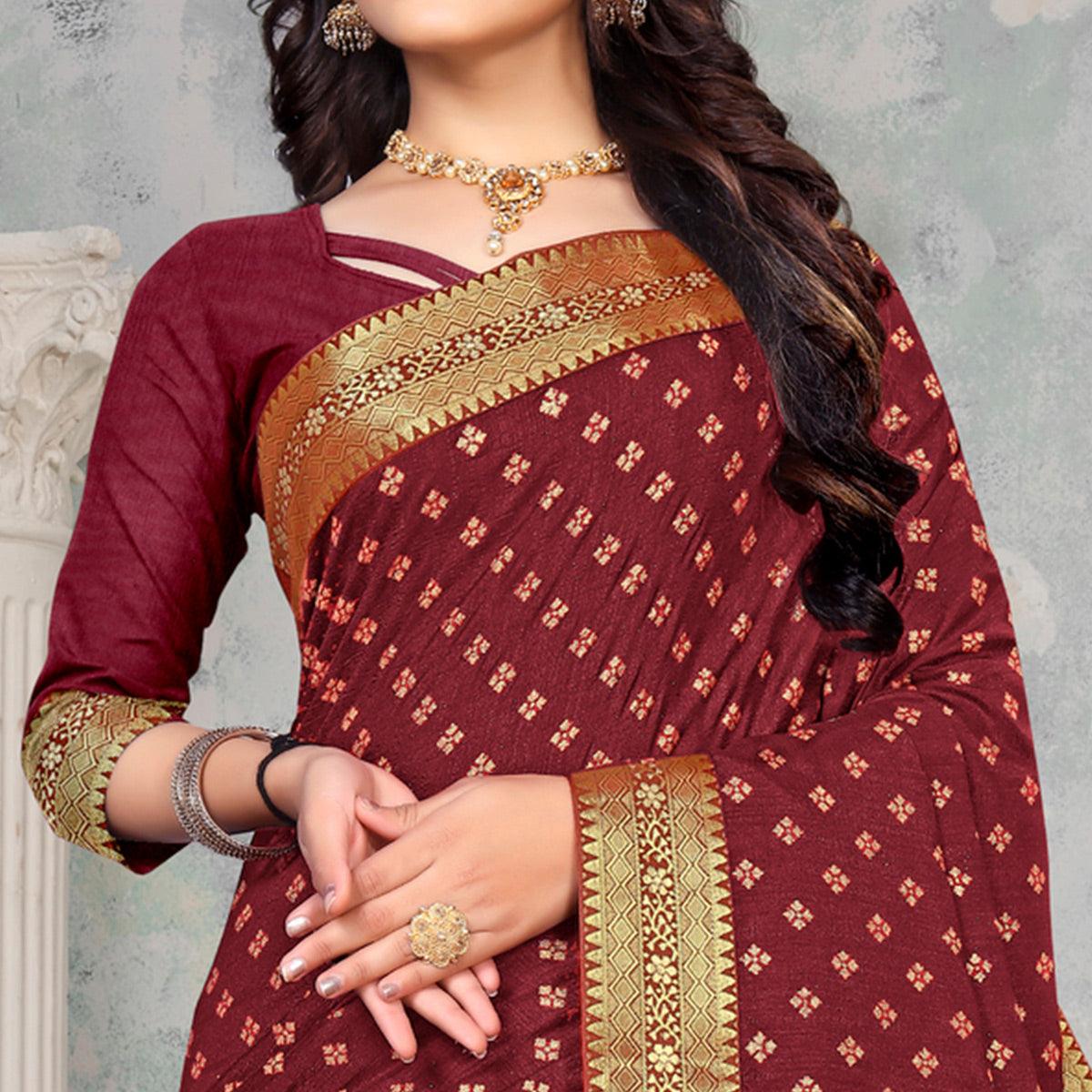 Maroon Woven Vichitra Silk Saree - Peachmode