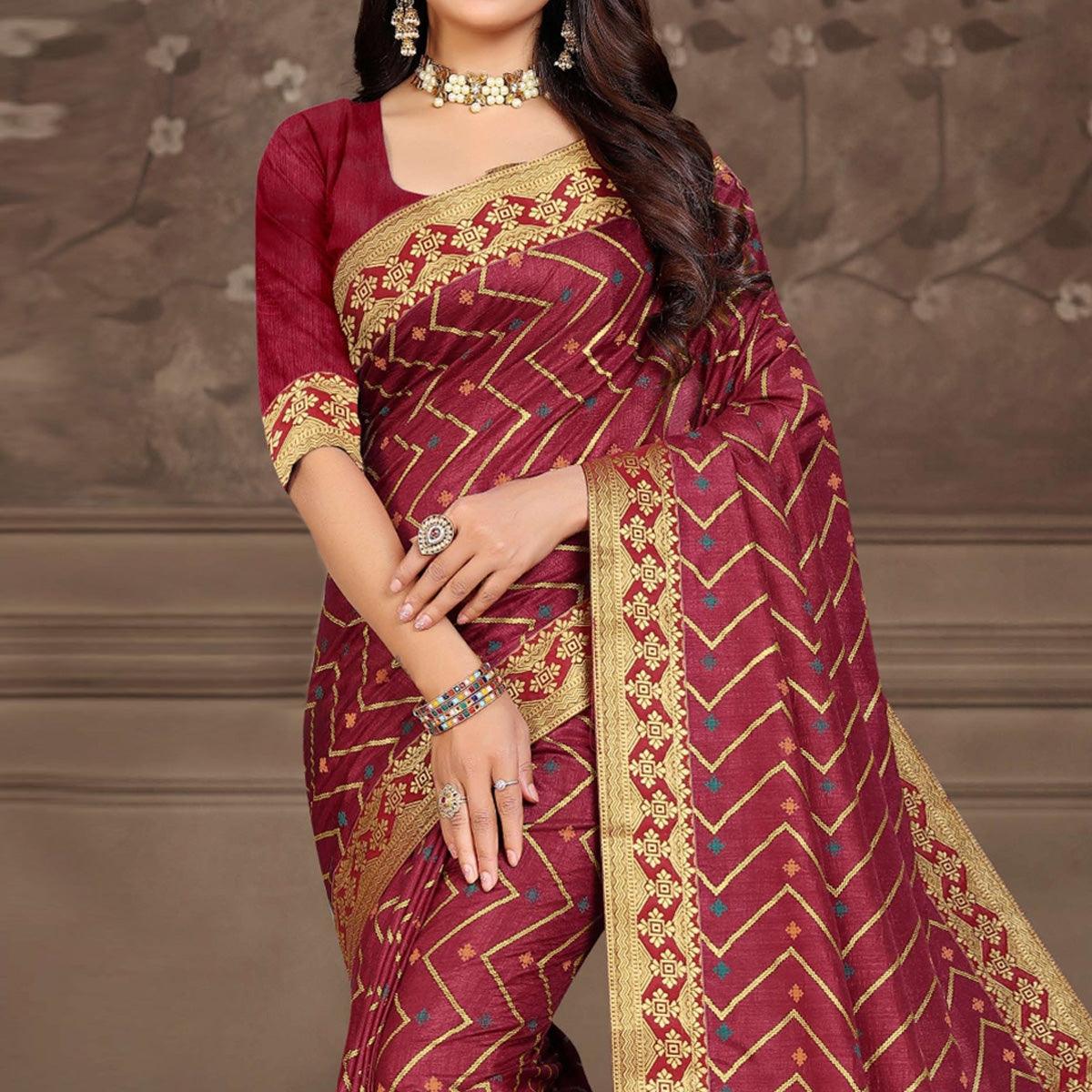 Maroon Woven Vichitra Silk Saree - Peachmode